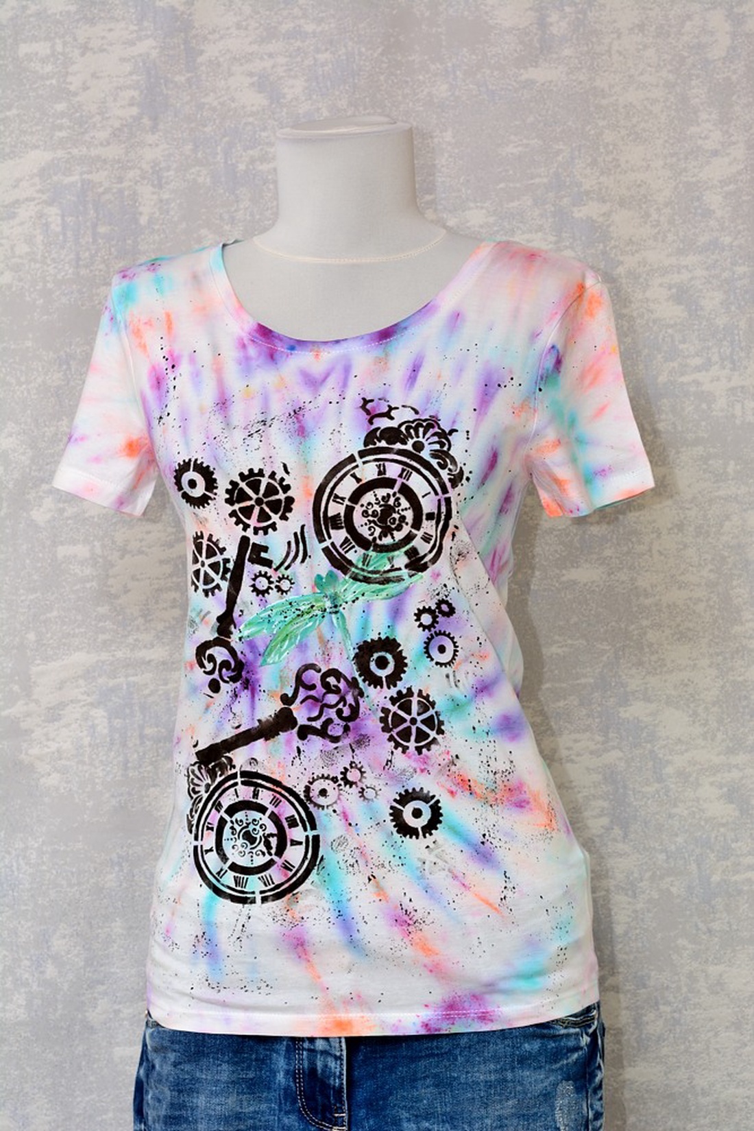 Tricou Tie and Dye, Libelule în timp, unicat - îmbrăcăminte și modă - haine damă - tricou și top de damă - Artynos.ro