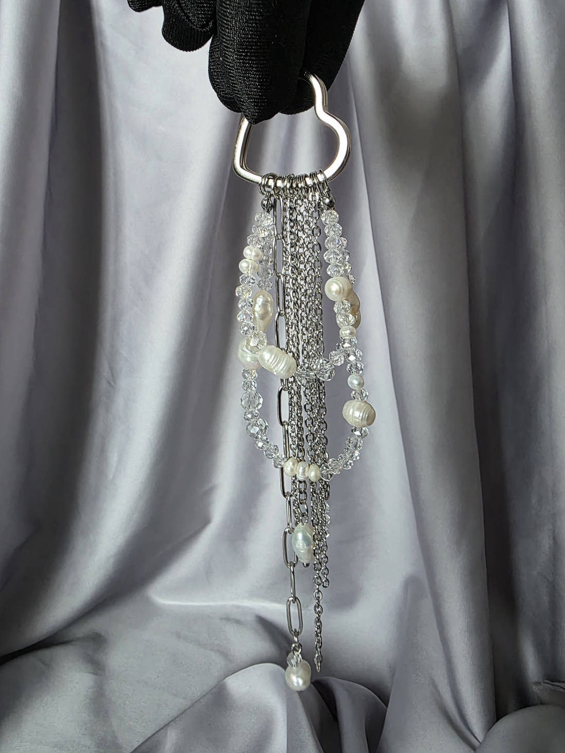 Breloc din oțel inoxidabil  si margele transparente și perle de cultura - genți și portofele - accesorii genți - breloc - Artynos.ro