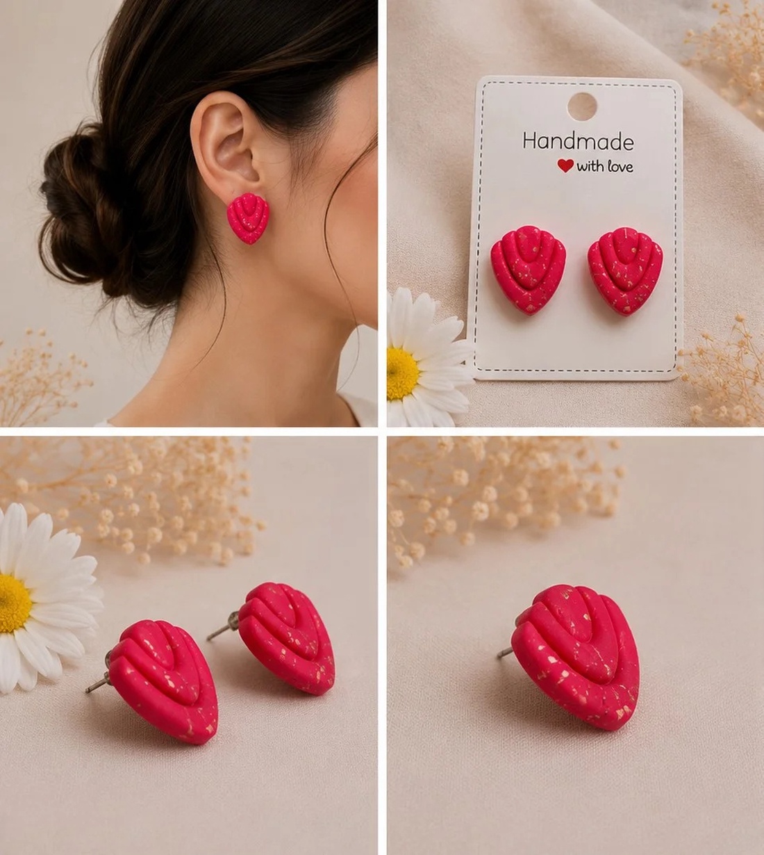 Cercei handmade din Fimo � Roșu cu foiță aurie - bijuterii - cercei - clipsuri - Artynos.ro