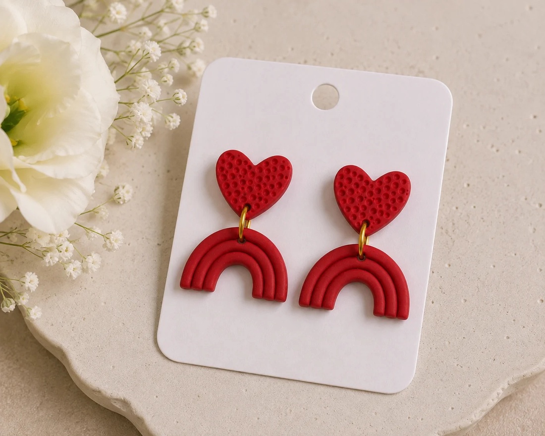 Cercei handmade din Fimo Rainbow Heart -Roșu intens - bijuterii - cercei - cercei lungi - Artynos.ro