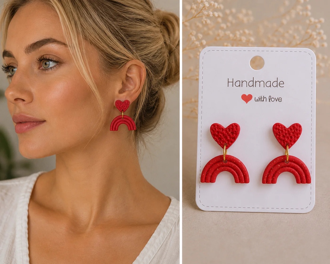 Cercei handmade din Fimo Rainbow Heart -Roșu intens - bijuterii - cercei - cercei lungi - Artynos.ro