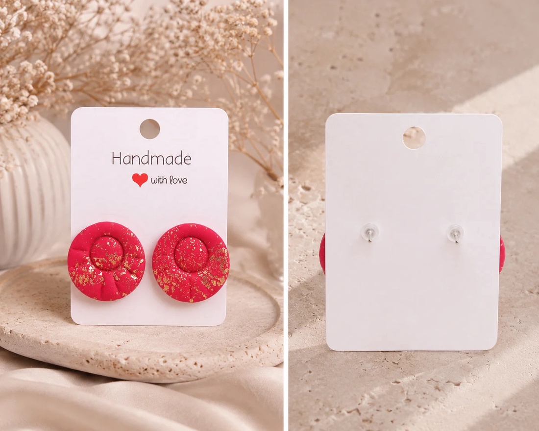 Cercei handmade din Fimo, Roșu cu foiță aurie, Ruby Bloom - bijuterii - cercei - clipsuri - Artynos.ro