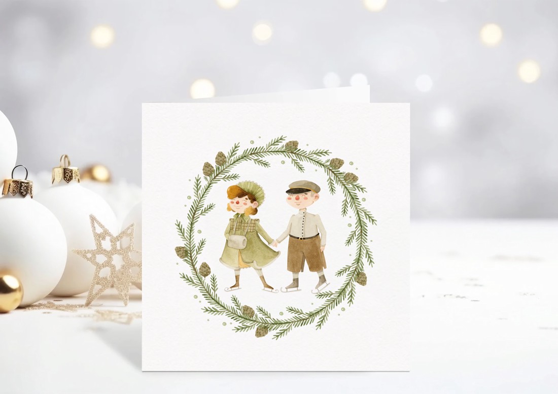 Carte poștală de Crăciun, felicitare pliabilă, etichete cadou, patinatori - - Artynos.ro Carte poștală de Crăciun, felicitare pliabilă, etichete cadou, patinatori - - Artynos.ro