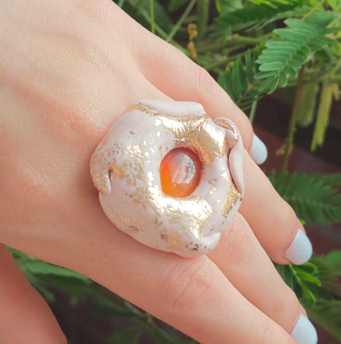 Inel Roz Peach Maximalist Carneol Design Organic Chunky Elegant de Ocazie - bijuterii - inele - inele statement - Artynos.ro