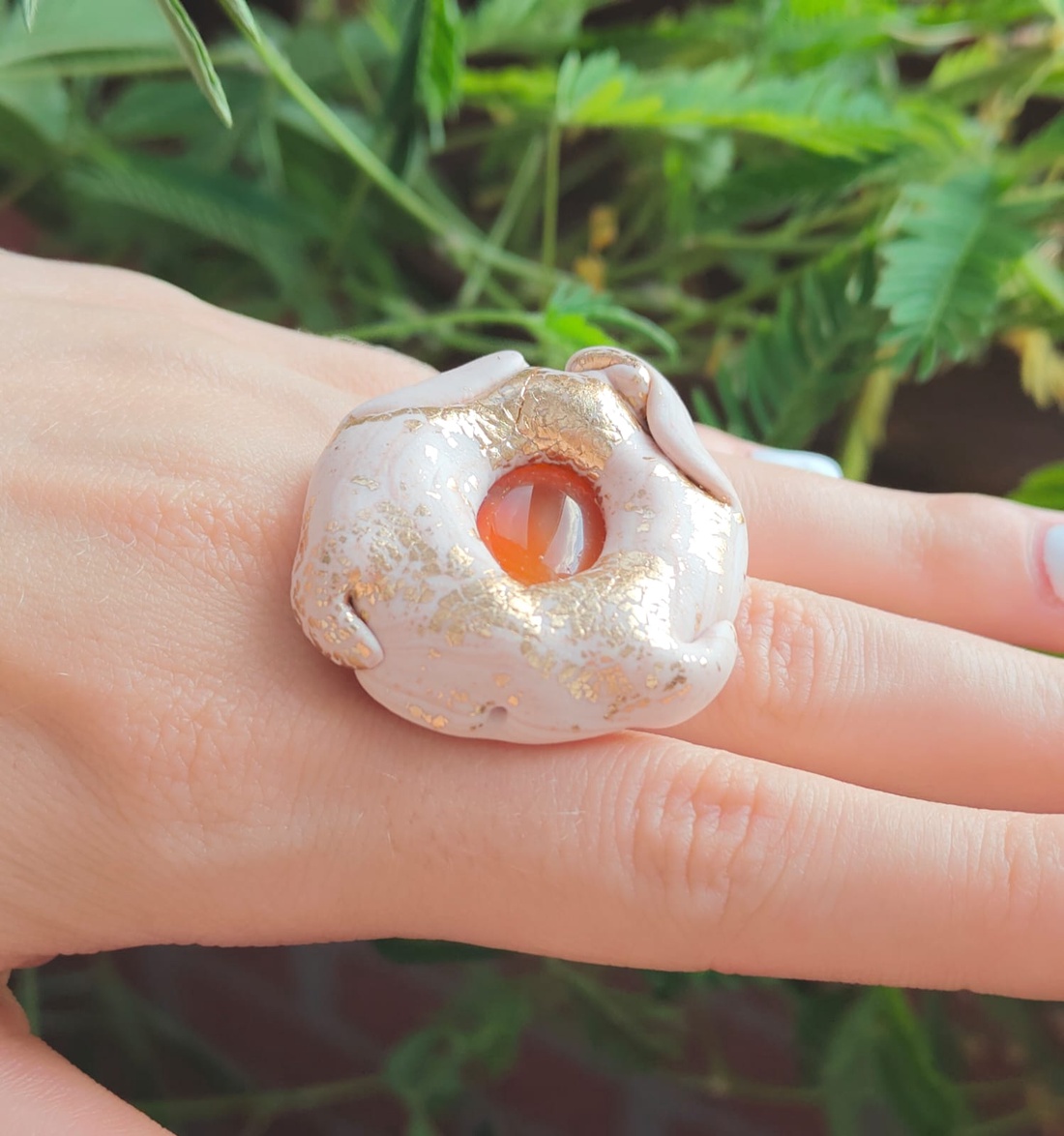 Inel Roz Peach Maximalist Carneol Design Organic Chunky Elegant de Ocazie - bijuterii - inele - inele statement - Artynos.ro