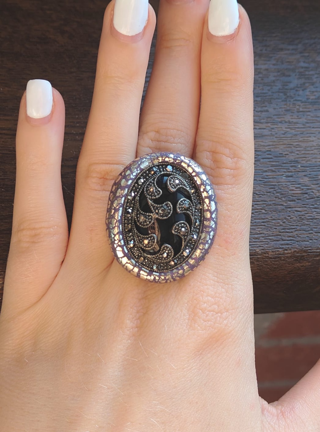 Inel Statement Dark Fantasy cu Onix - Decoratiune Metalica Vintage Reciclata - Bijuterie Witchy Handmade Dark Halloween - bijuterii - inele - inele cu pietre semiprețioase - Artynos.ro