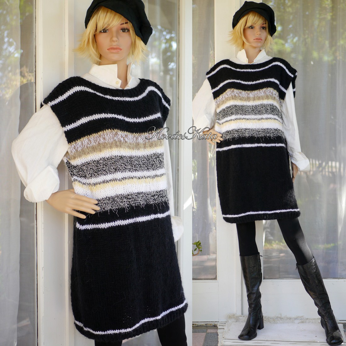 DESIREE - vestă cu pulover maxi tricotat exclusiv manual / alb și negru - îmbrăcăminte și modă - haine damă - hanorace, cardigane - Artynos.ro