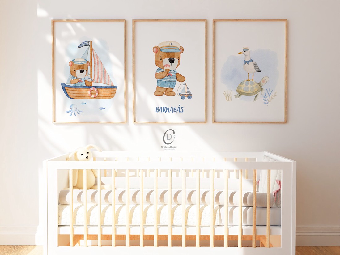 Marinar ursuleț de pluș imagine de perete, barca de navigatie poster, botez cadou imagine set 3 buc -  - Artynos.ro