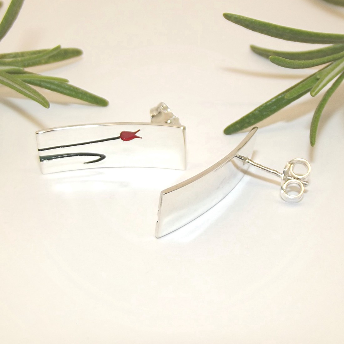 Red Tulip Rectangle Stud Earrings Pereche de cercei de argint pentru femei (ETK.01) -  - Artynos.ro