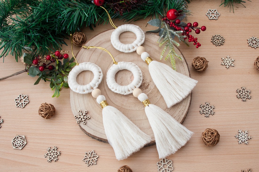 Macrame hoop ornament de Crăciun 3 bucăți - Bej -  - Artynos.ro