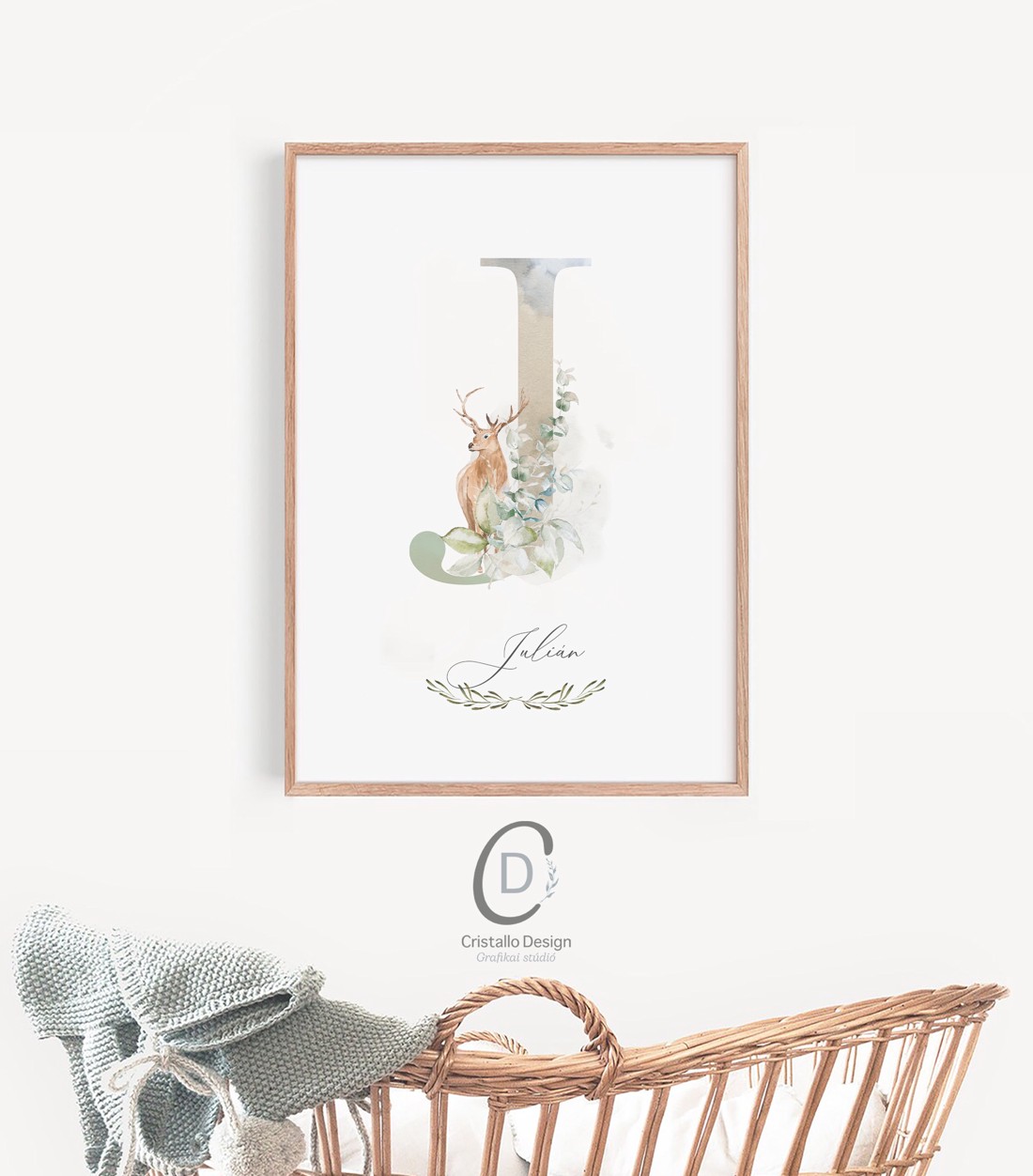 litera J, poster monogramă, imagine ziua numelui, decor, arta de perete verdeață, animal pădure -  - Artynos.ro