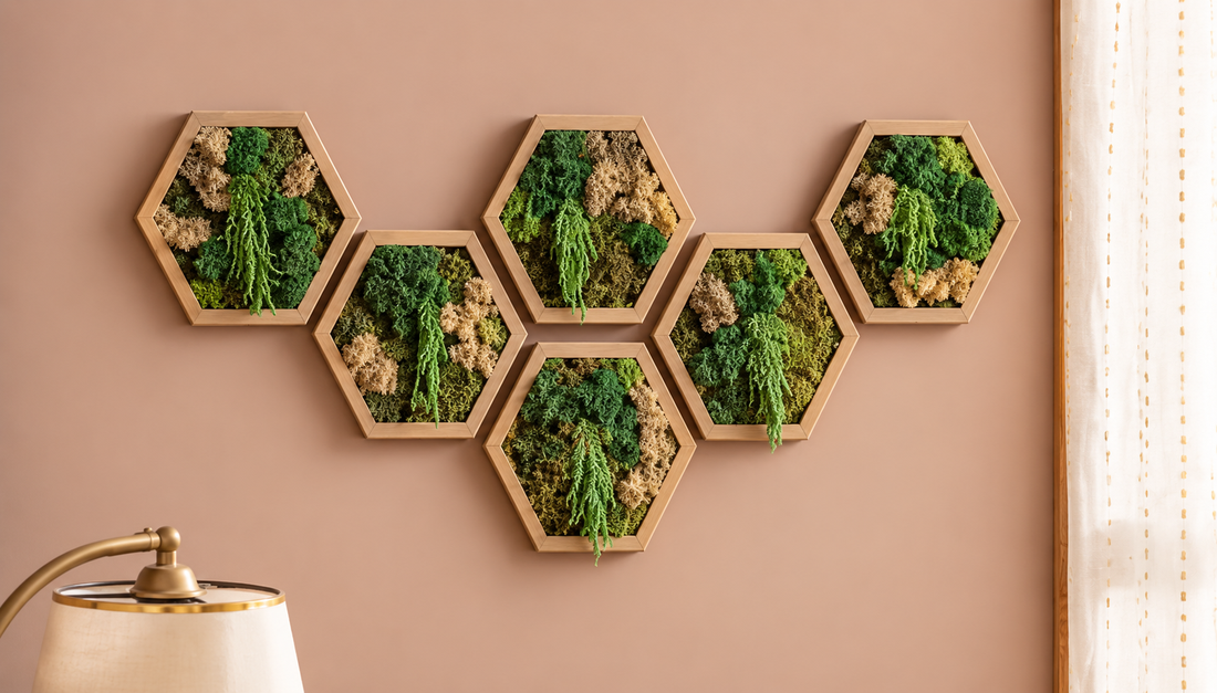 Hexagon din licheni, muschi plat si plante stabilizate 30x25 cm - casă & stil de viață - decorațiuni de casă - decorațiuni de pereți - tablou cu licheni - Artynos.ro