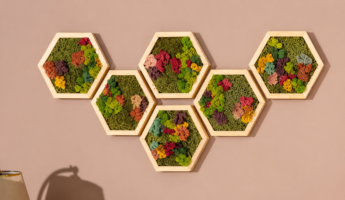 Hexagon din licheni stabilizati si muschi plat multicolor 30x25 cm - casă & stil de viață - decorațiuni de casă - decorațiuni de pereți - tablou cu licheni - Artynos.ro