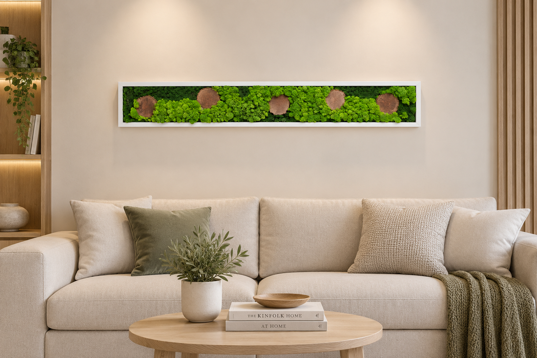 Tablou din licheni stabilizati si muschi plat, rama alba 100x15 cm - casă & stil de viață - decorațiuni de casă - decorațiuni de pereți - tablou cu licheni - Artynos.ro