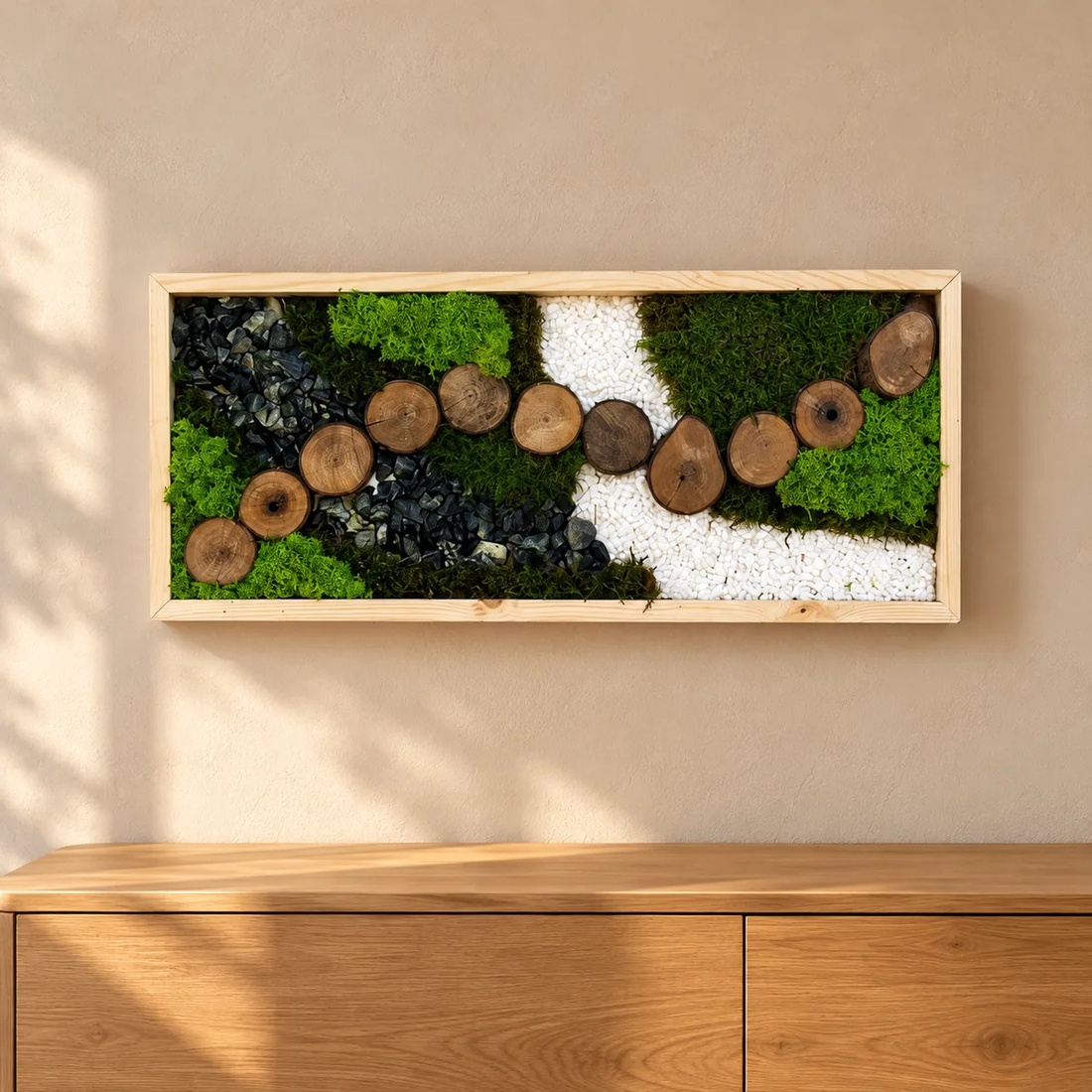 Tablou cu licheni stabilizați și 11 rondele din lemn, 70�30 cm - casă & stil de viață - decorațiuni de casă - decorațiuni de pereți - tablou cu licheni - Artynos.ro