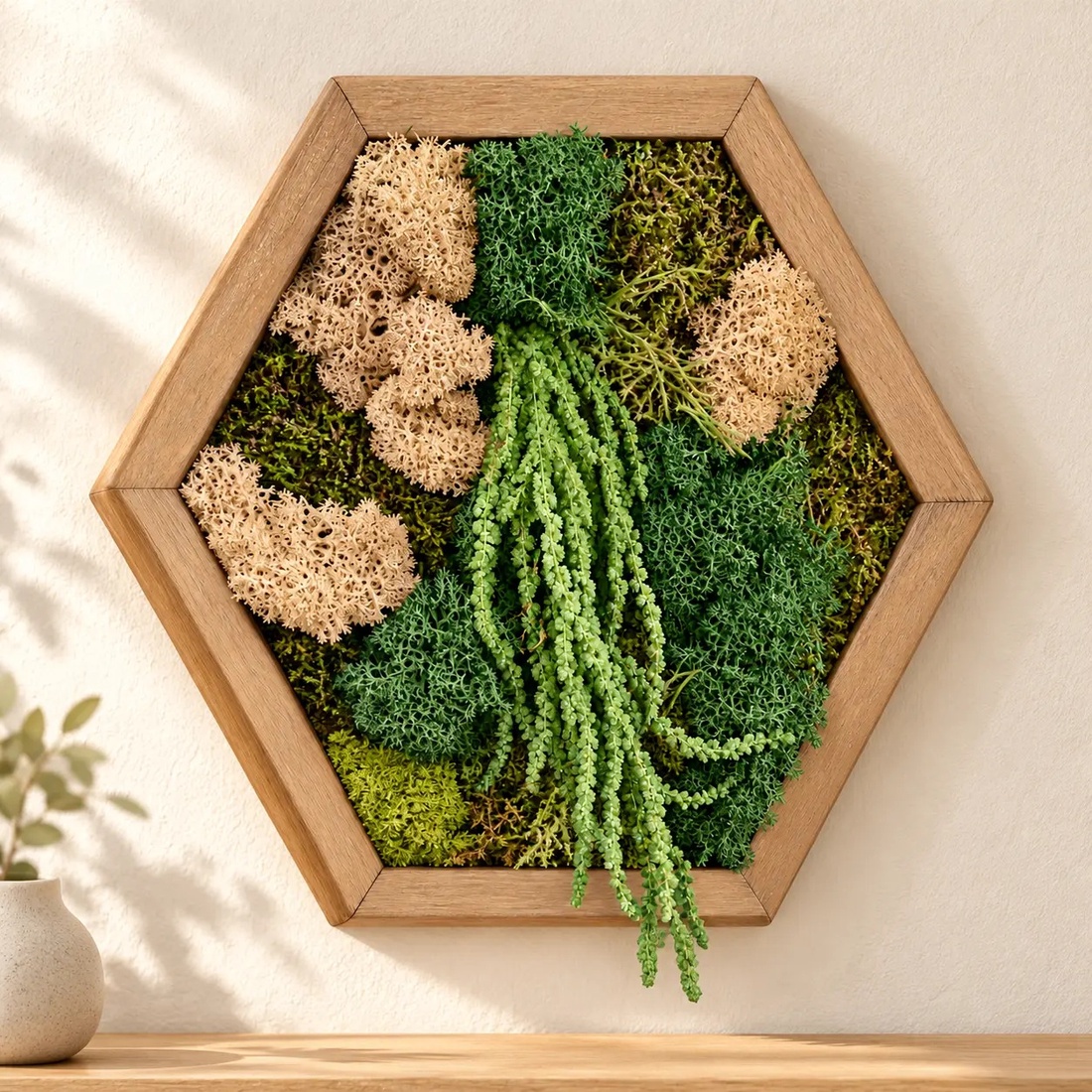 Hexagon cu licheni, mușchi și plante curgătoare, 30�25 cm - casă & stil de viață - decorațiuni de casă - decorațiuni de pereți - tablou cu licheni - Artynos.ro