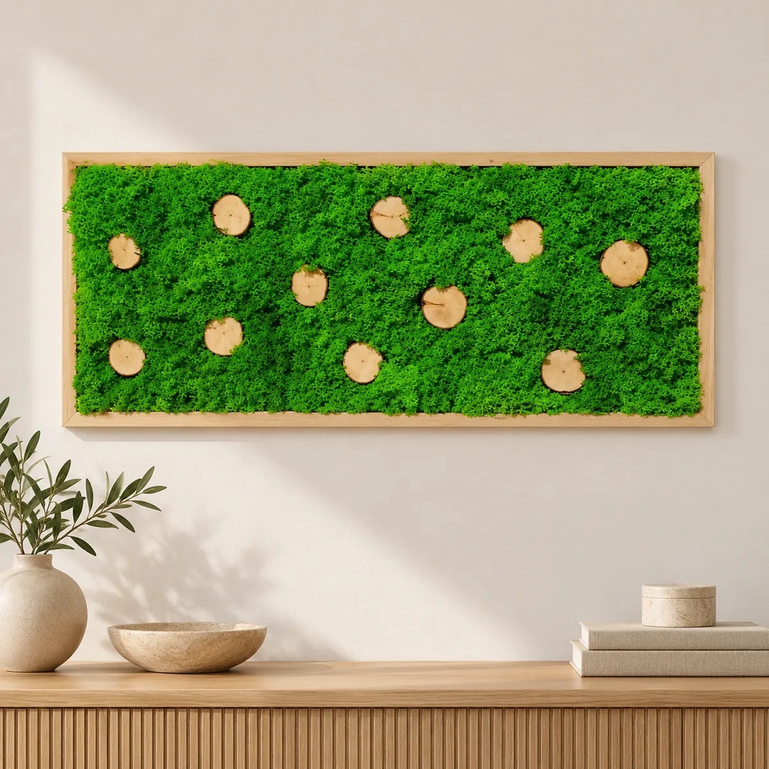 Tablou cu licheni și 11 rondele din lemn, 70�30 cm - casă & stil de viață - decorațiuni de casă - decorațiuni de pereți - tablou cu licheni - Artynos.ro