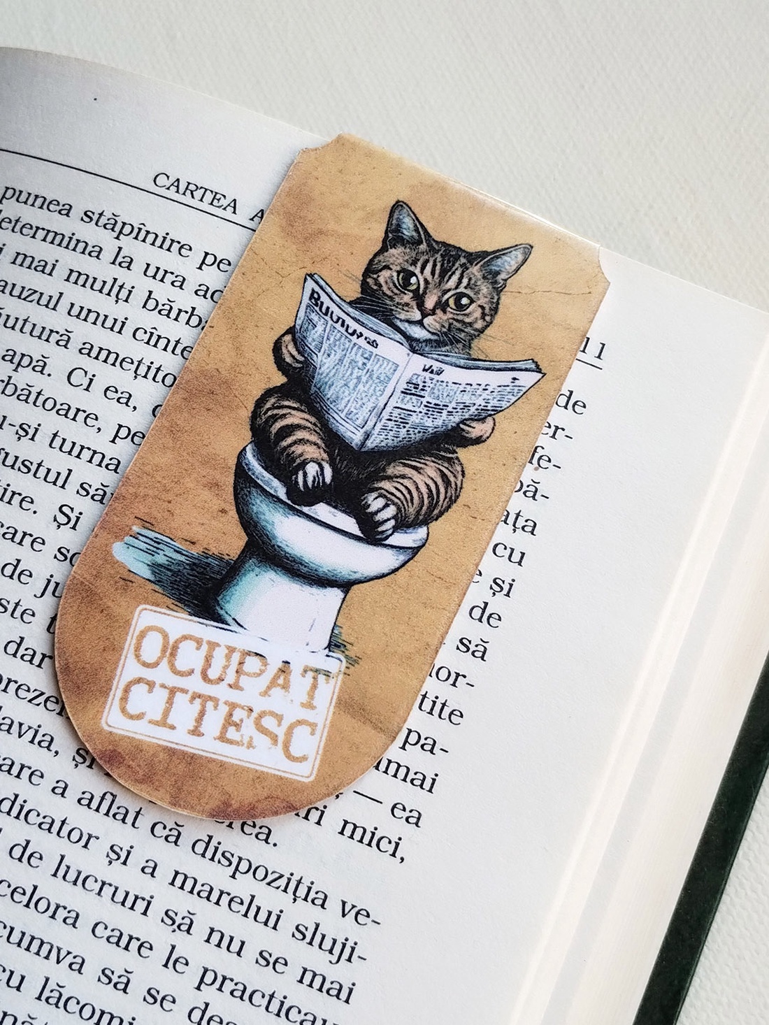 Semn de carte magnetic Ocupat. Citesc - Pisica tarcata la toaleta - cărți și creații cu tematică muzicală, cadouri - semn de carte - Artynos.ro