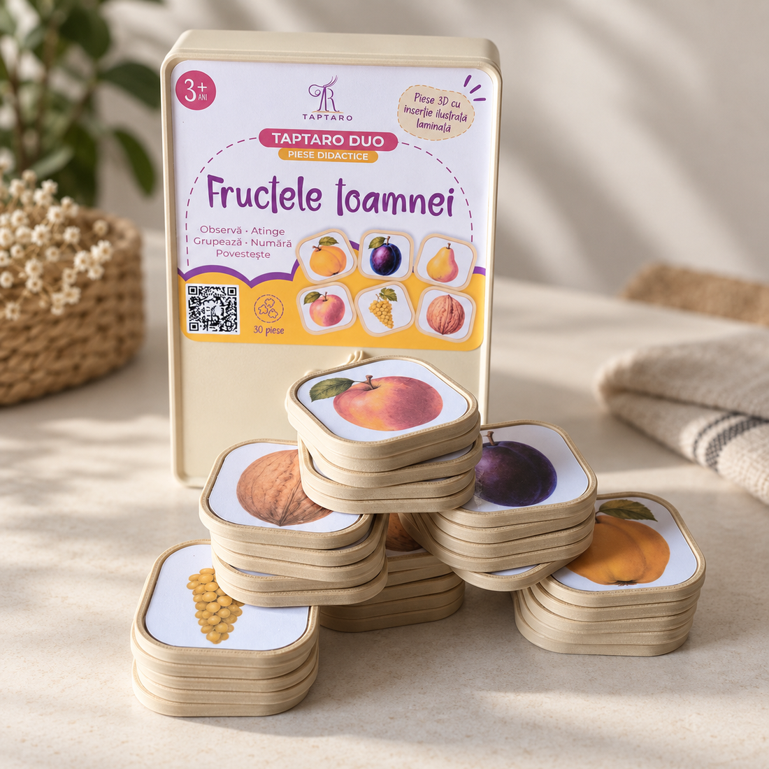 TAPTARO DUO - Fructele toamnei - Set de 30 de piese didactice rigide - jucării și echipamente pentru copii - jocuri de gândire - jocuri educative - Artynos.ro