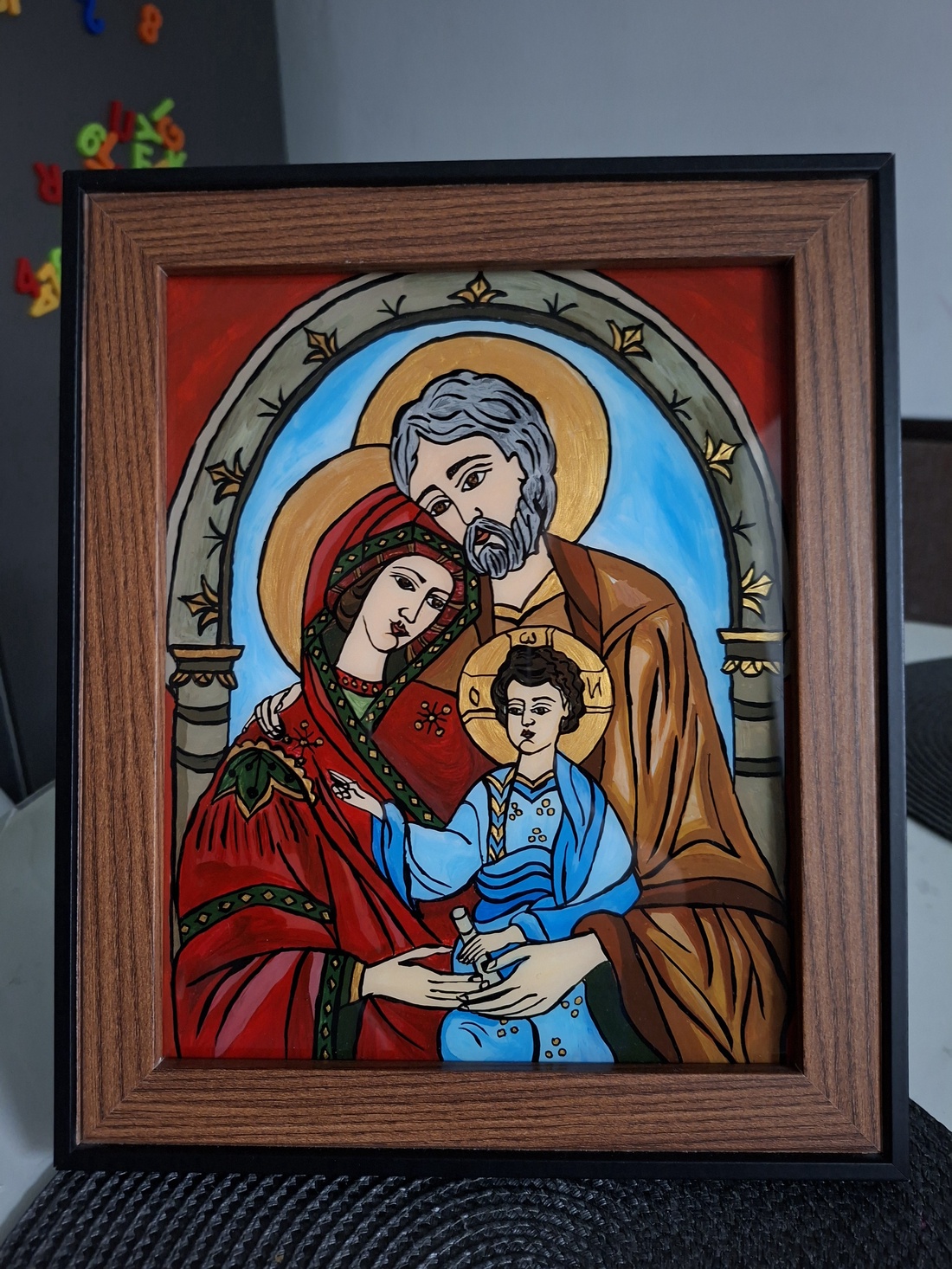 Icoana Sfanta familie pictata manual, pe sticla - arte vizuale și accesorii  - picturi - pictură pe sticlă - Artynos.ro