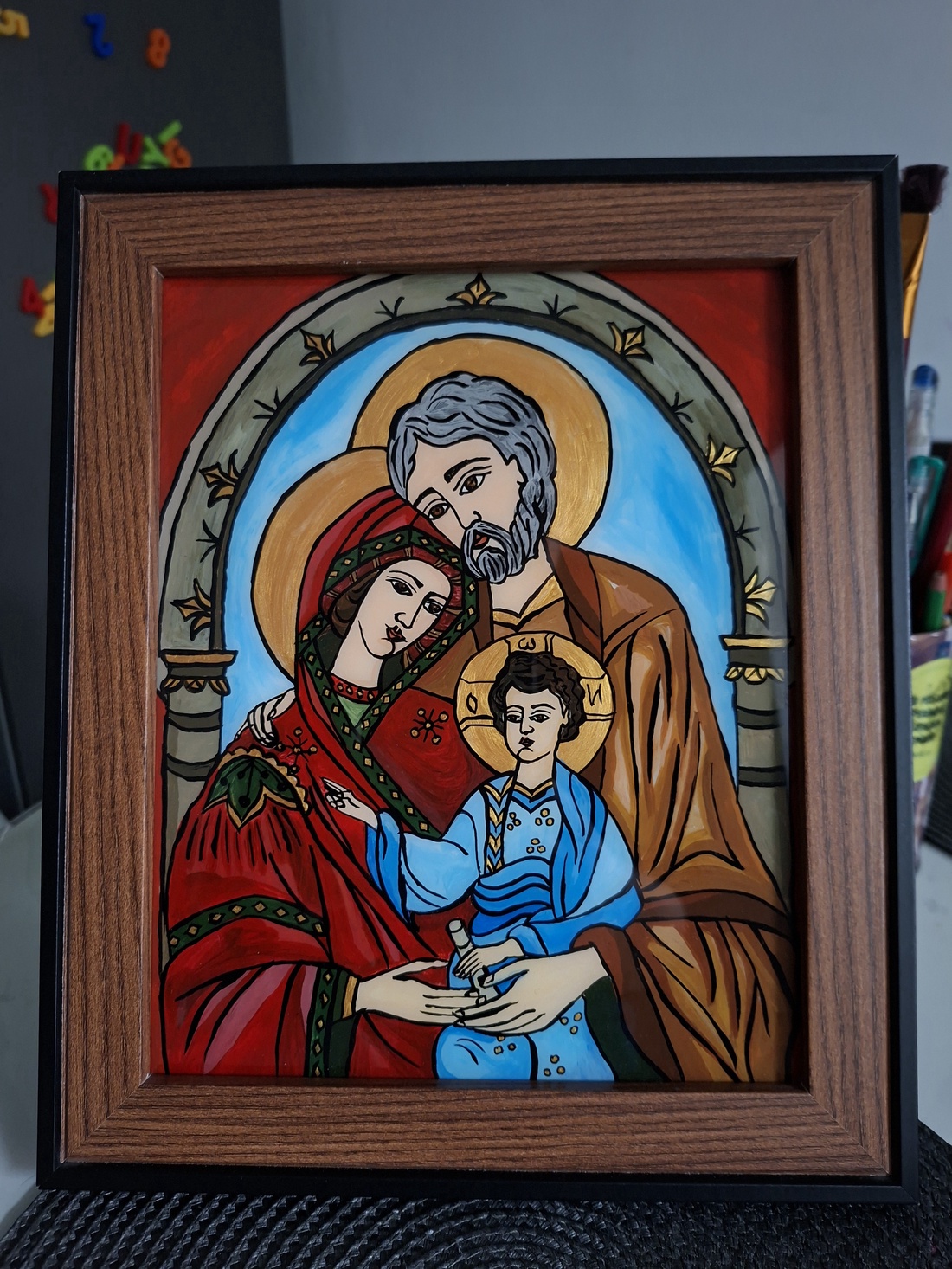 Icoana Sfanta familie pictata manual, pe sticla - arte vizuale și accesorii  - picturi - pictură pe sticlă - Artynos.ro