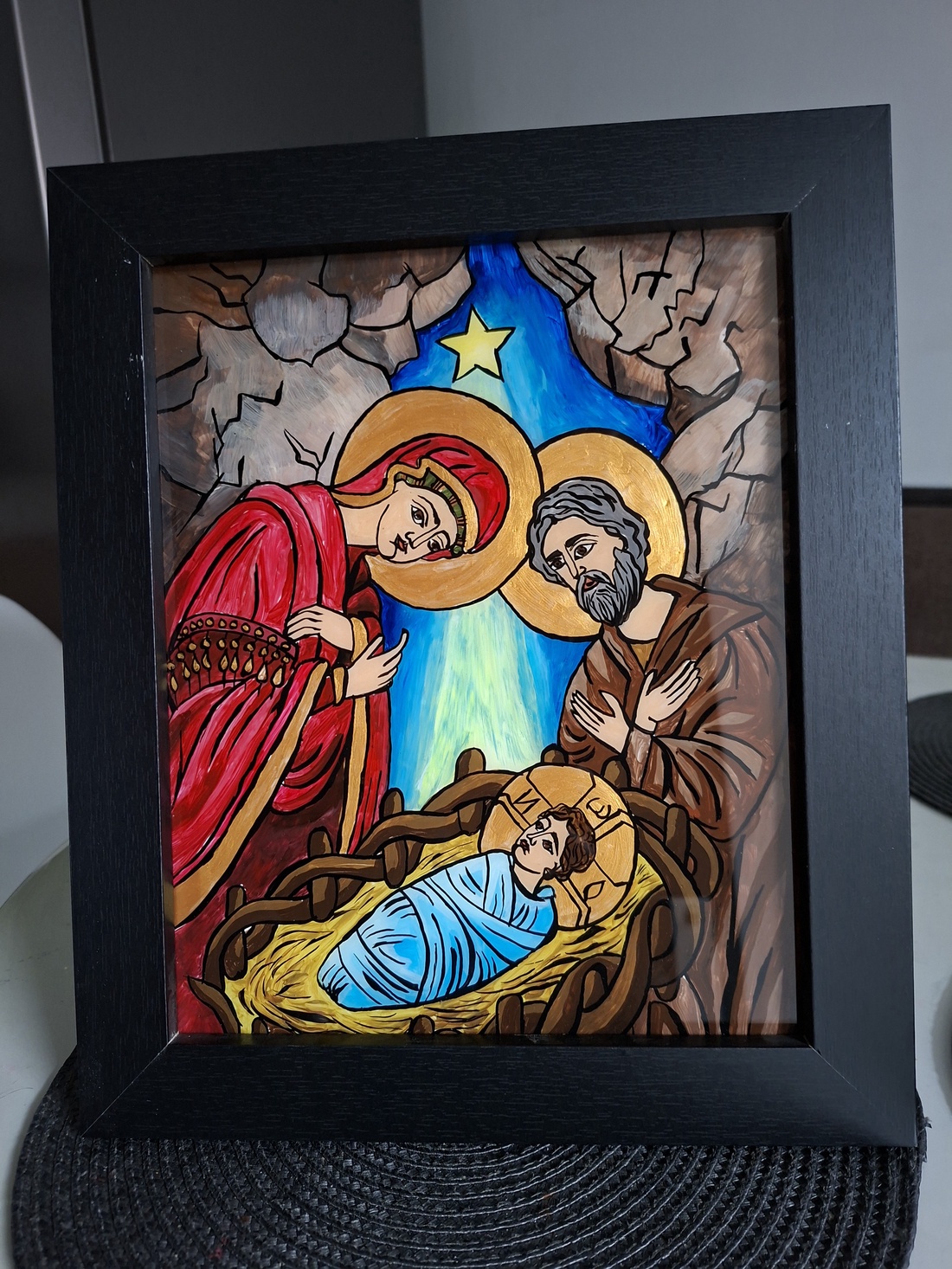 Icoana Nasterea lui Isus pictata, manual pe sticla - arte vizuale și accesorii  - picturi - pictură pe sticlă - Artynos.ro