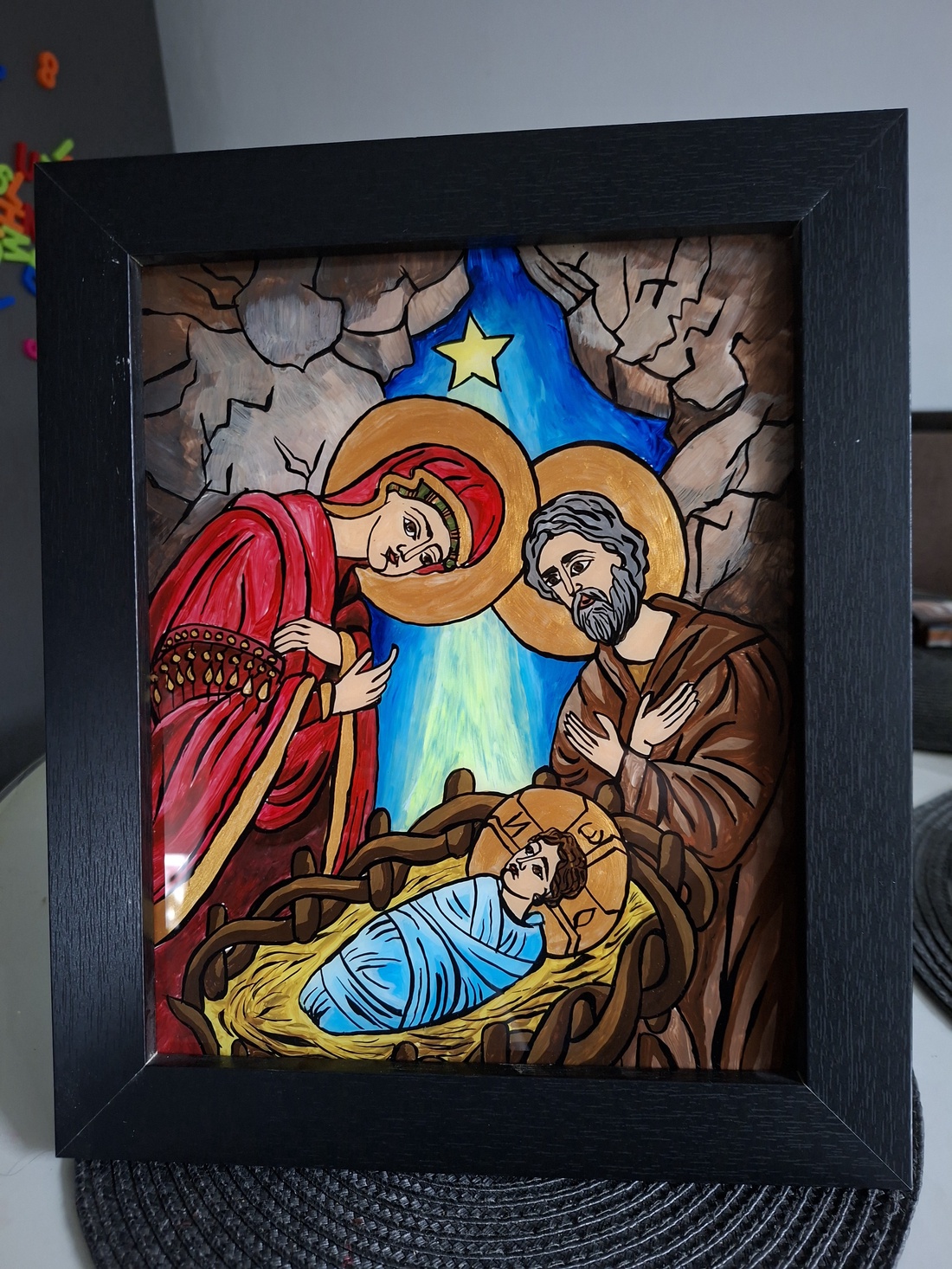 Icoana Nasterea lui Isus pictata, manual pe sticla - arte vizuale și accesorii  - picturi - pictură pe sticlă - Artynos.ro