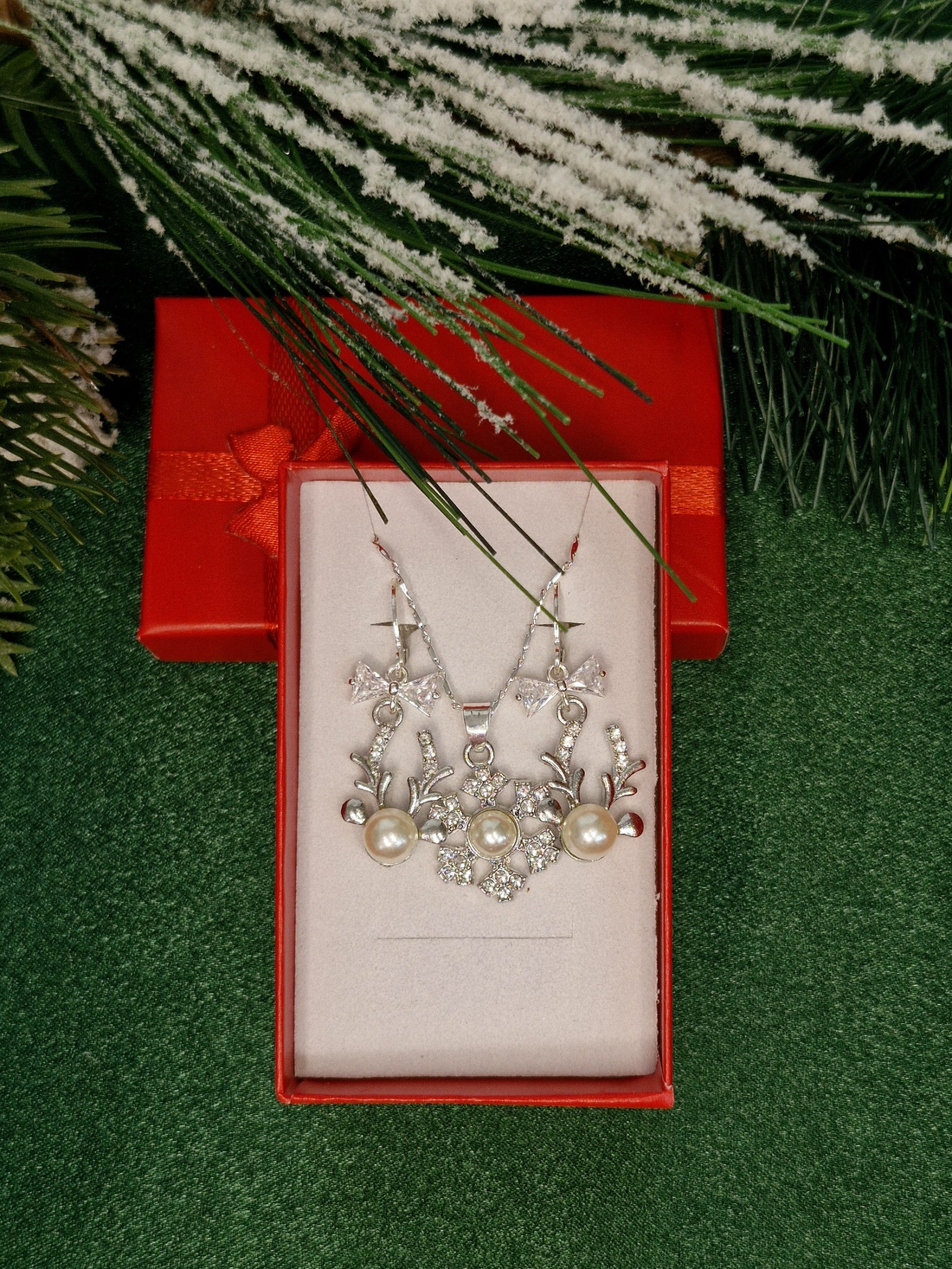 Set argint 925 cu reni și fundițe de zirconiu - crăciun - cadouri de moș crăciun - cadouri de moș crăciun - Artynos.ro