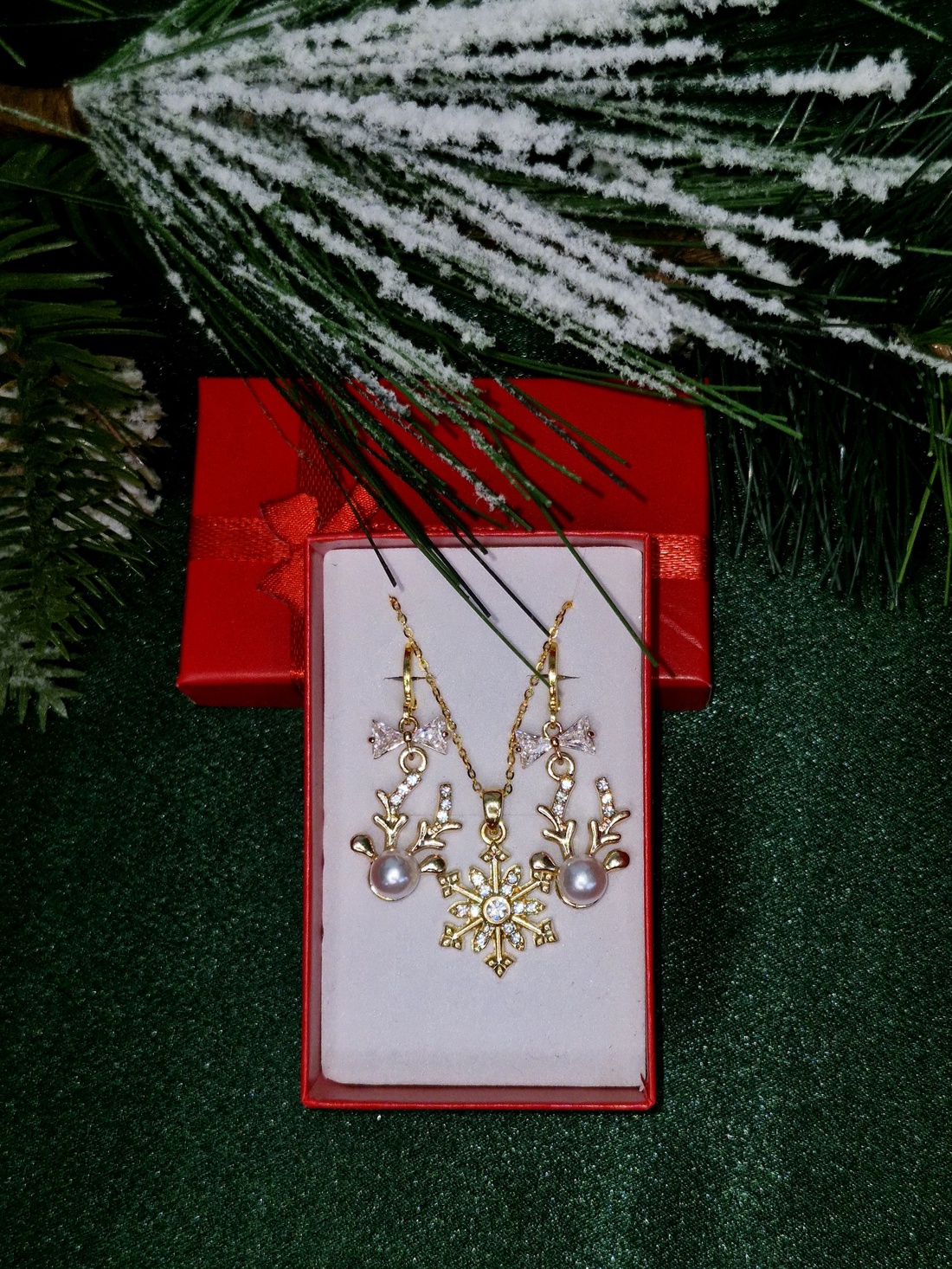 Set placat cu aur de 18K cu reni și fundițe de zirconiu - crăciun - cadouri de moș crăciun - cadouri de moș crăciun - Artynos.ro