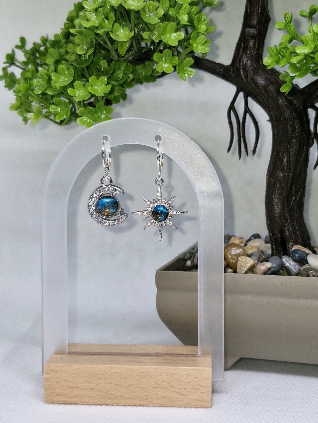 Cercei argint 925 cu semilună, steaua nordului și galaxie - bijuterii - cercei - cercei din argint - Artynos.ro