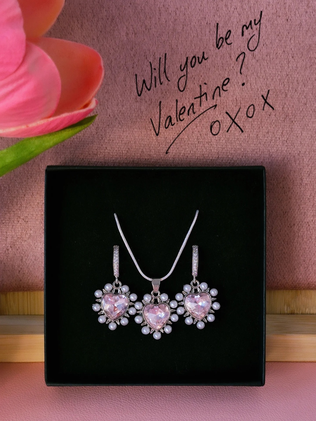 Set placat cu argint 925 cu inimioare roz - bijuterii - cercei - cercei din argint - Artynos.ro