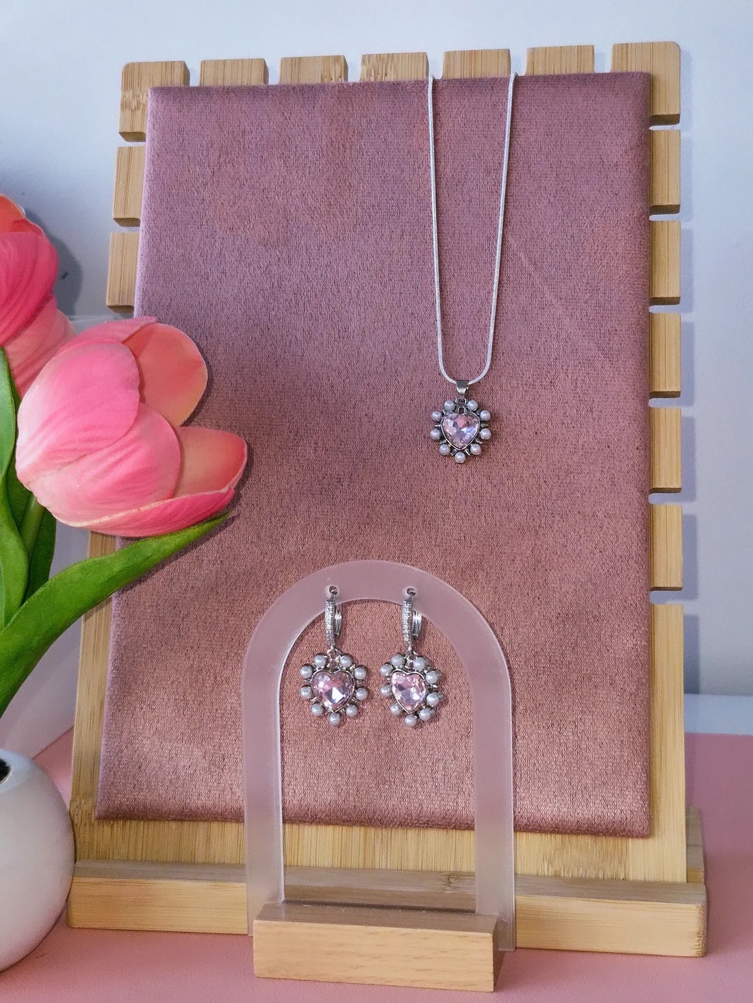 Set placat cu argint 925 cu inimioare roz - bijuterii - cercei - cercei din argint - Artynos.ro