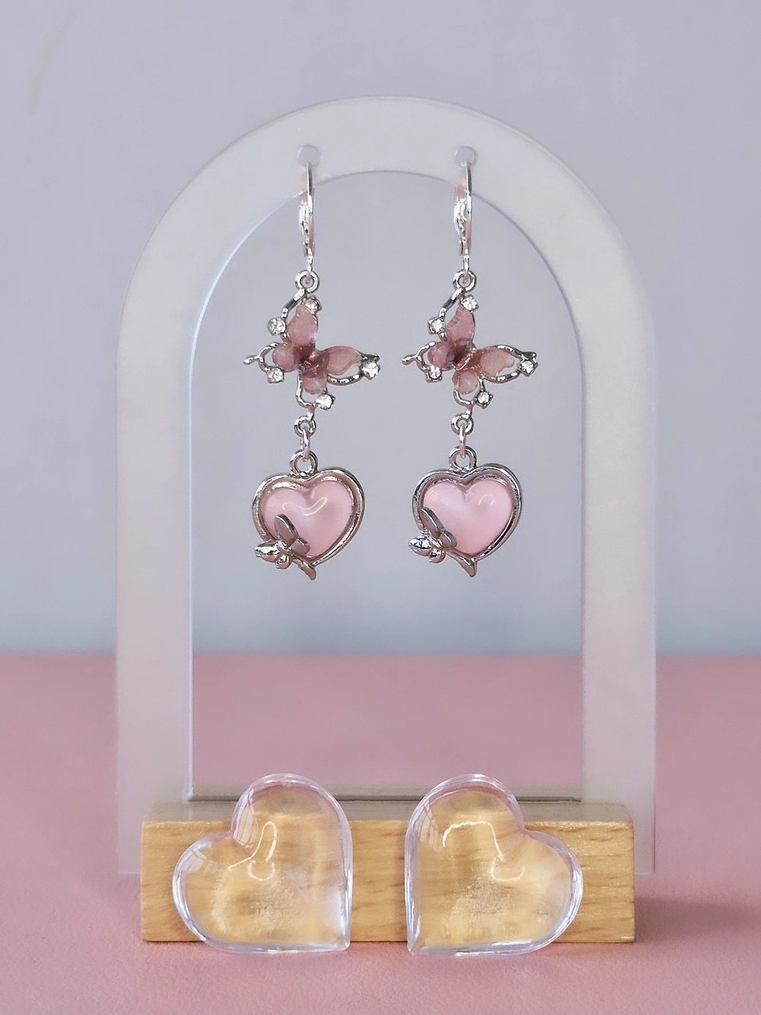 Cercei argint 925 cu fluturi și inimi roz - bijuterii - cercei - cercei din argint - Artynos.ro
