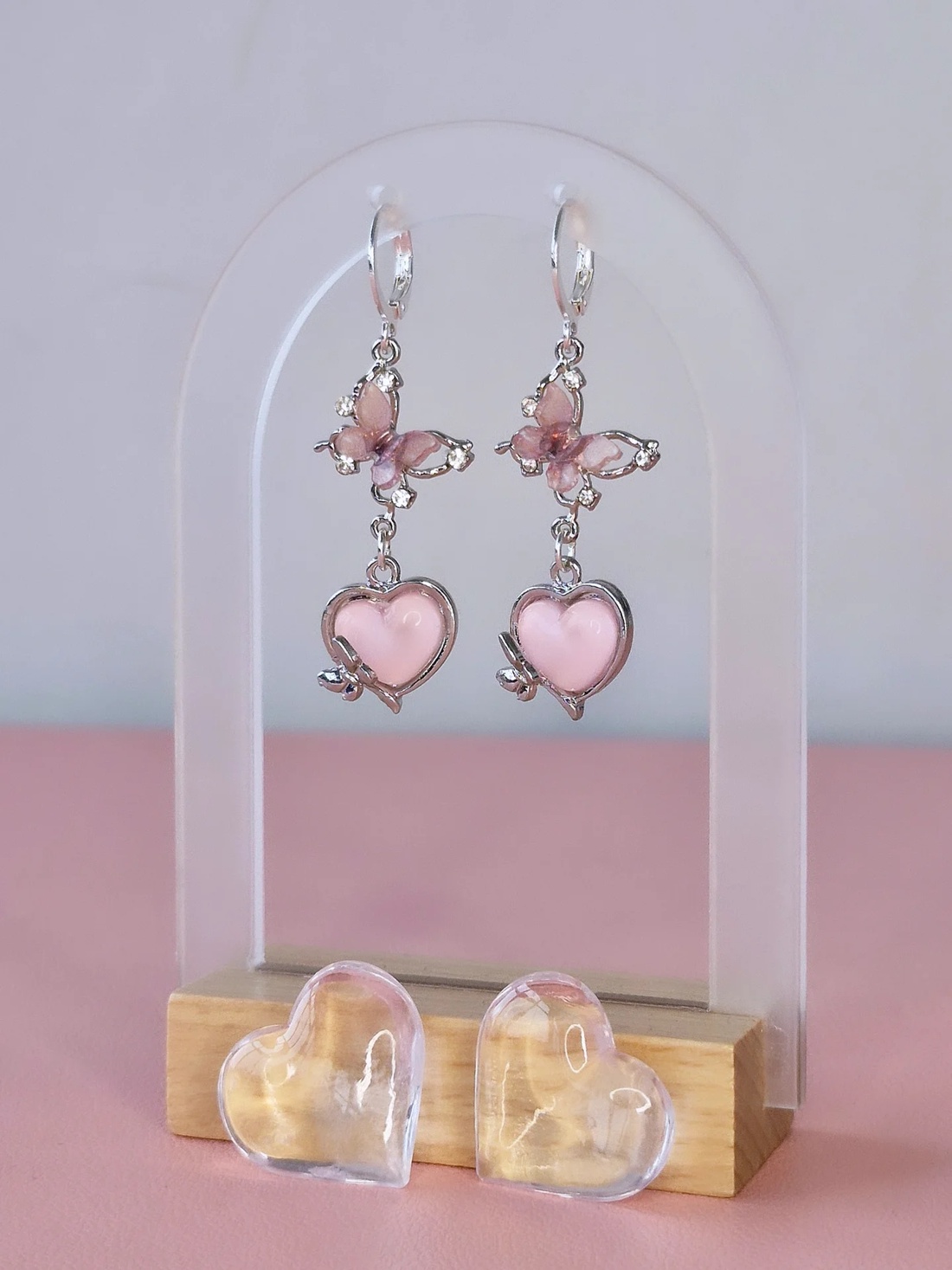 Cercei argint 925 cu fluturi și inimi roz - bijuterii - cercei - cercei din argint - Artynos.ro