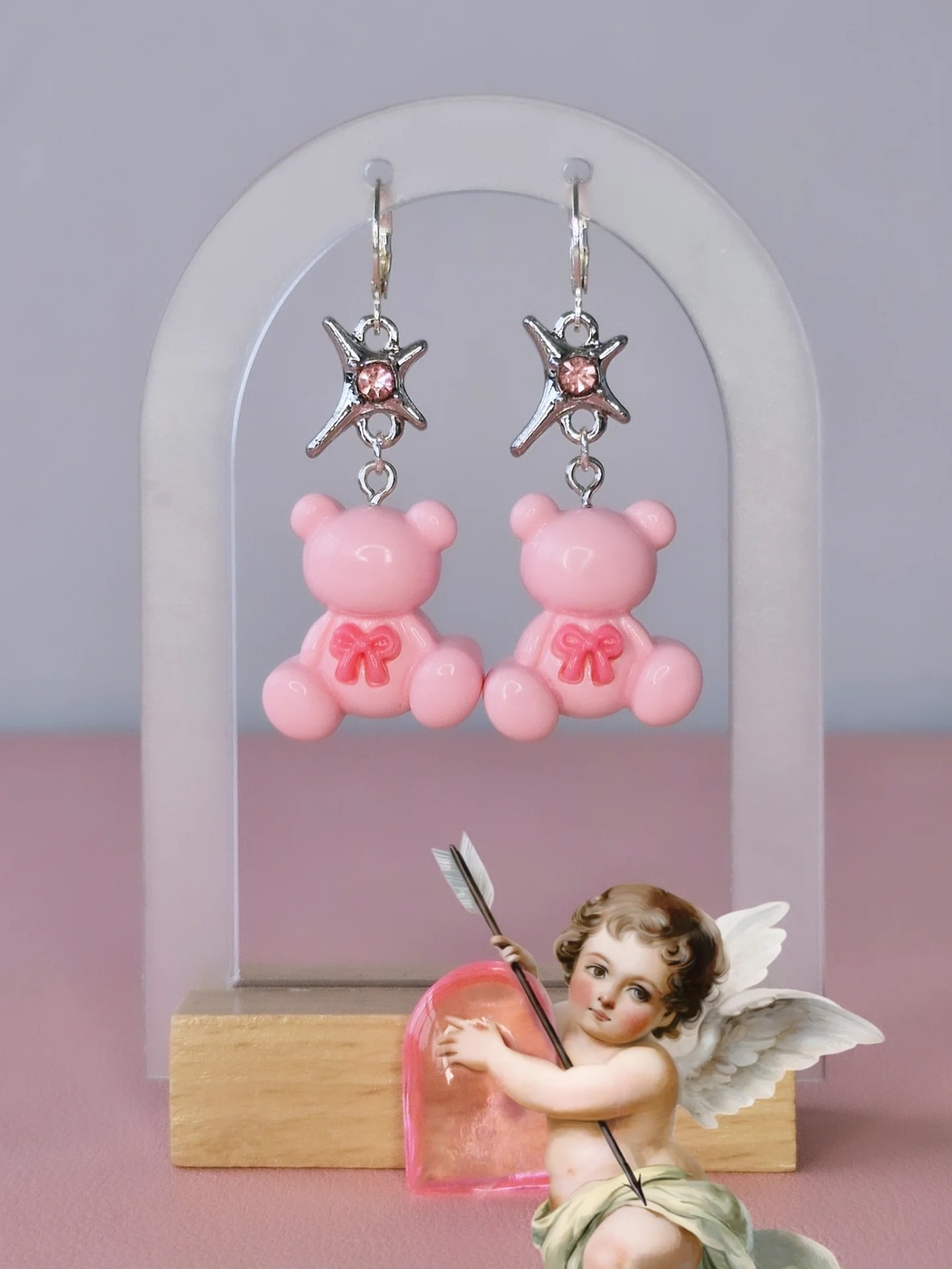 Cercei argint 925 cu stele și ursuleți roz - bijuterii - cercei - cercei din argint - Artynos.ro