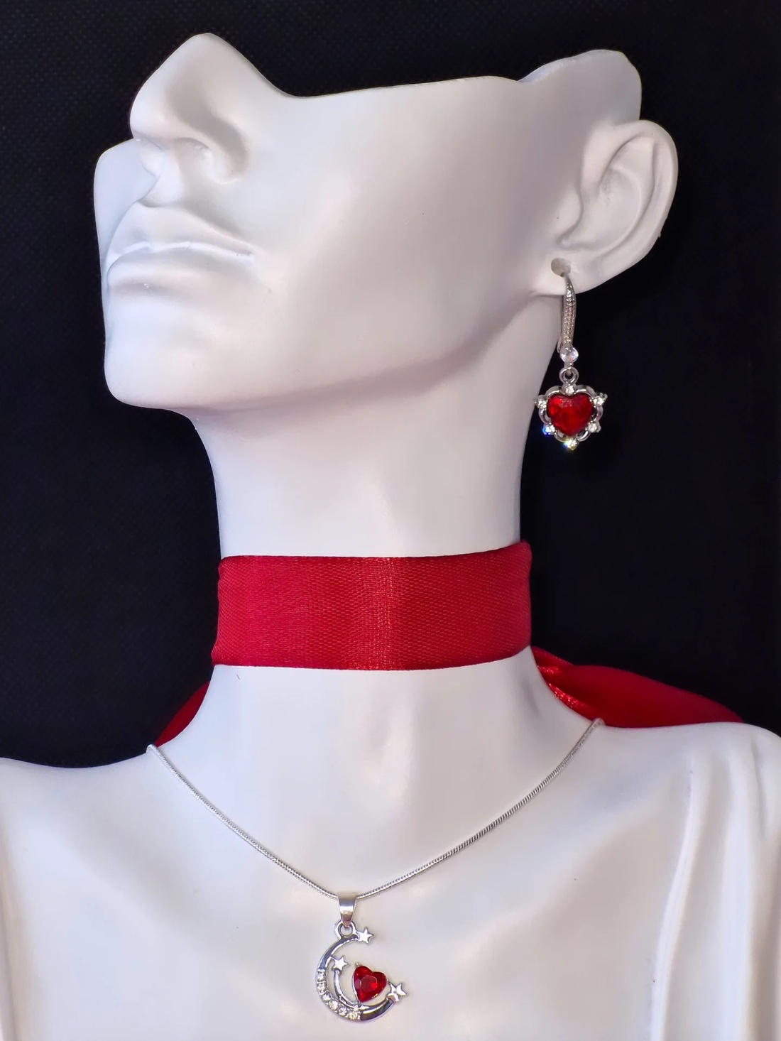 Set argint 925 cu semilună și inimi roșii - bijuterii - cercei - cercei din argint - Artynos.ro