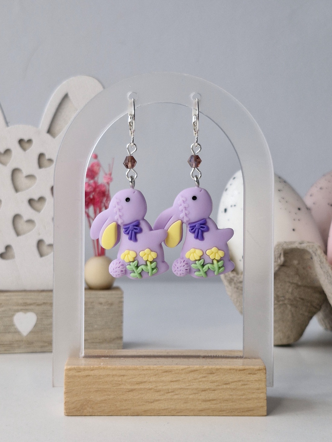 Cercei de Paște cu iepurași mov - decor de sărbători - decorațiuni de paște - iepuraș de paște - Artynos.ro