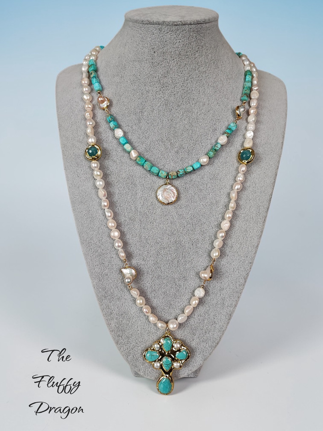 Colier perle de cultura, turcoaz si jasp - bijuterii - coliere - coliere din perle - Artynos.ro