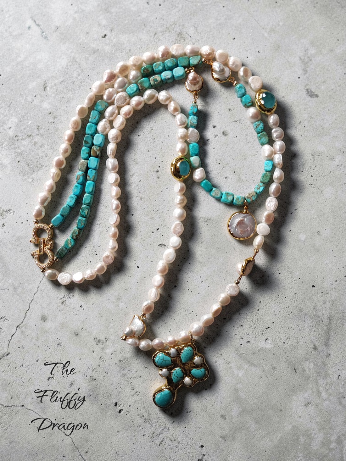 Colier perle de cultura, turcoaz si jasp - bijuterii - coliere - coliere din perle - Artynos.ro