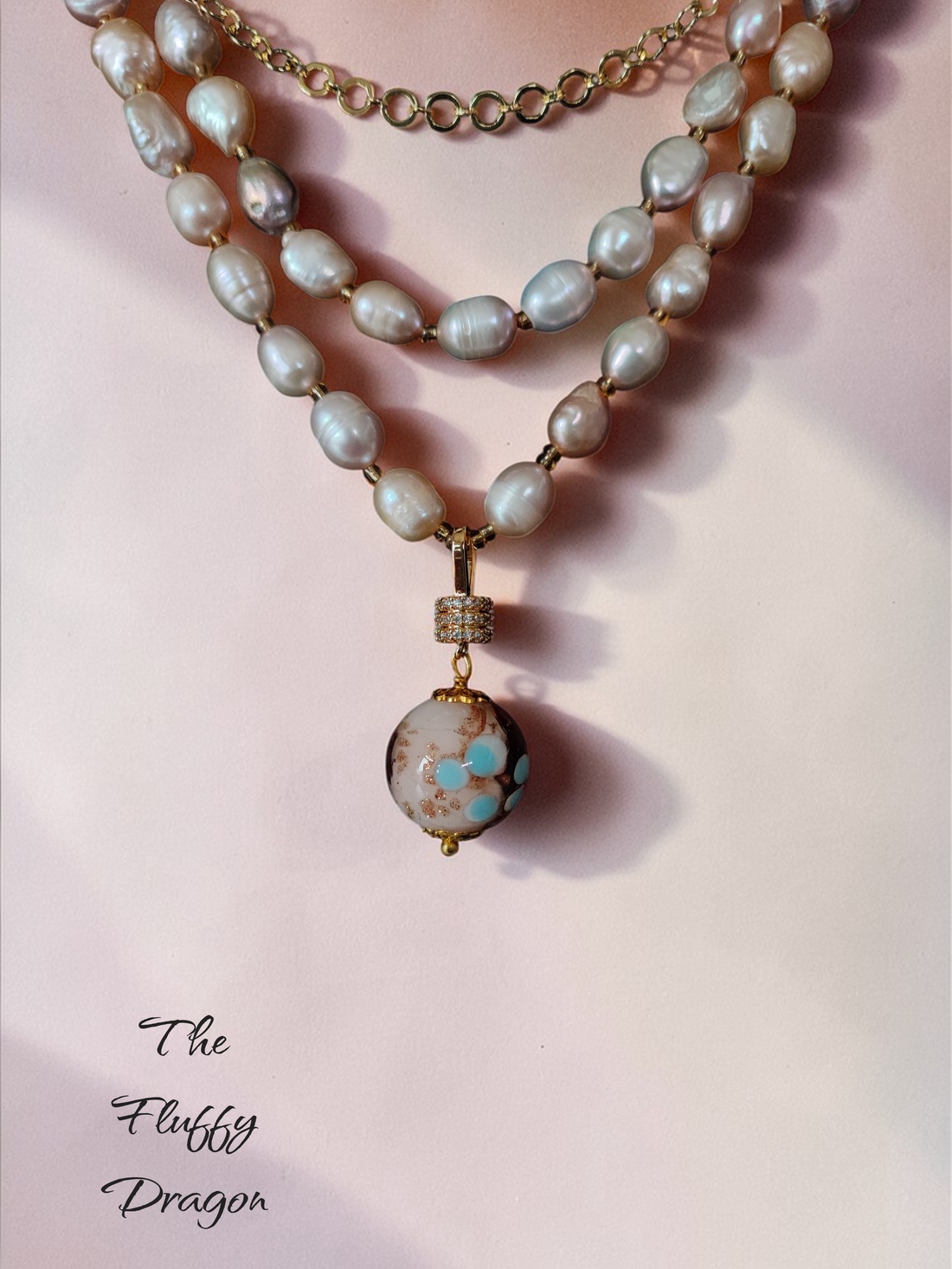 Colier din perle de cultura rose si pandantiv Murano - bijuterii - coliere - coliere din perle - Artynos.ro