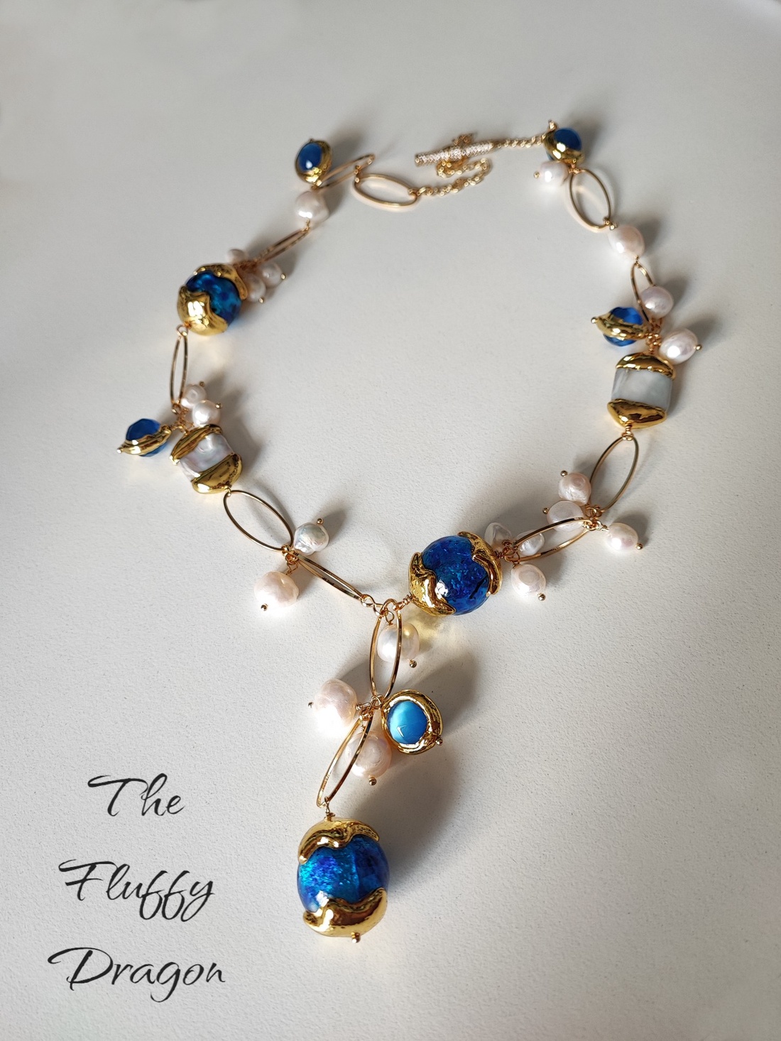 Colier masiv perle de cultura, sticla Murano si ochi de pisica aurite - bijuterii - coliere - coliere din perle - Artynos.ro