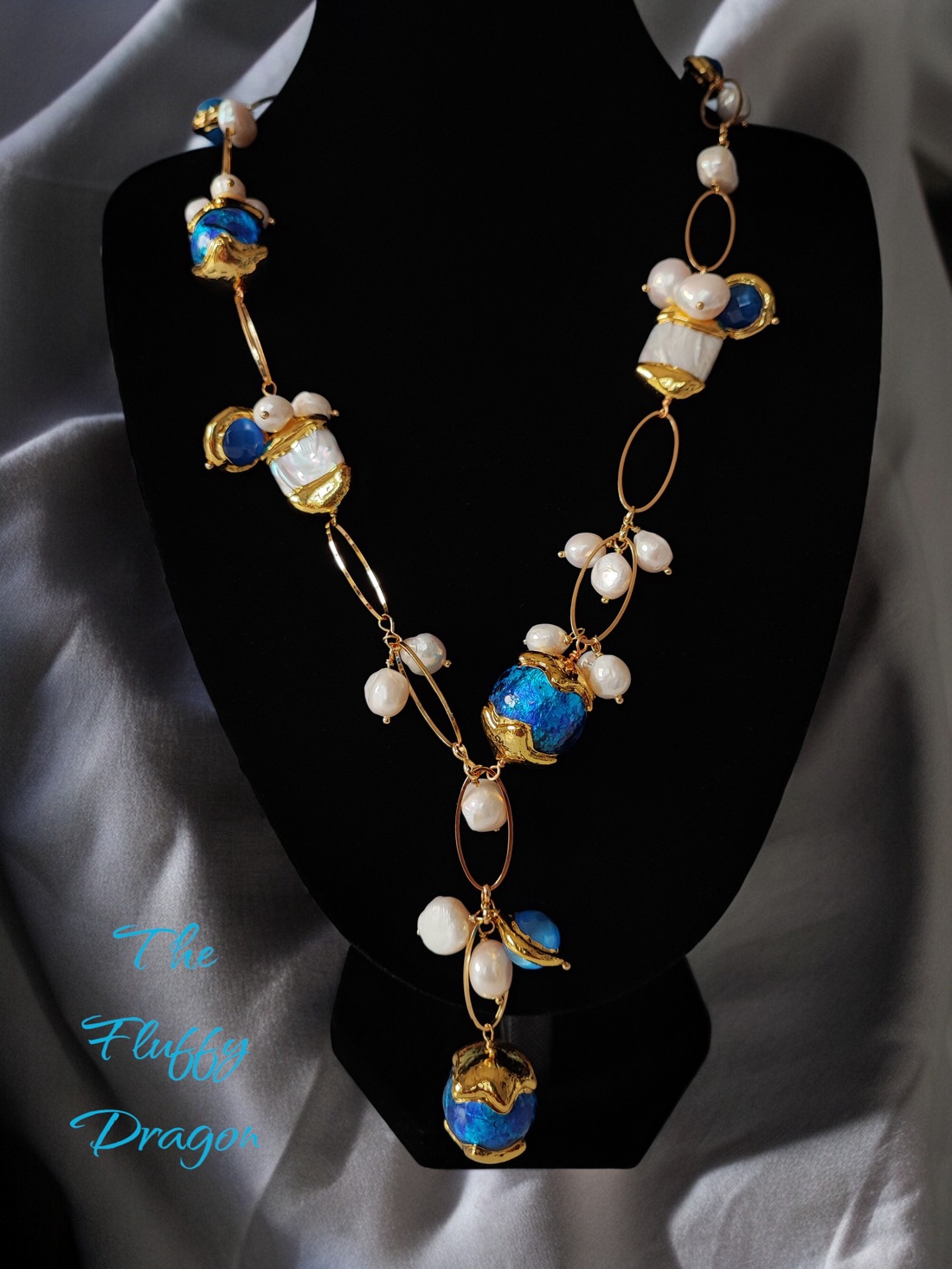 Colier masiv perle de cultura, sticla Murano si ochi de pisica aurite - bijuterii - coliere - coliere din perle - Artynos.ro