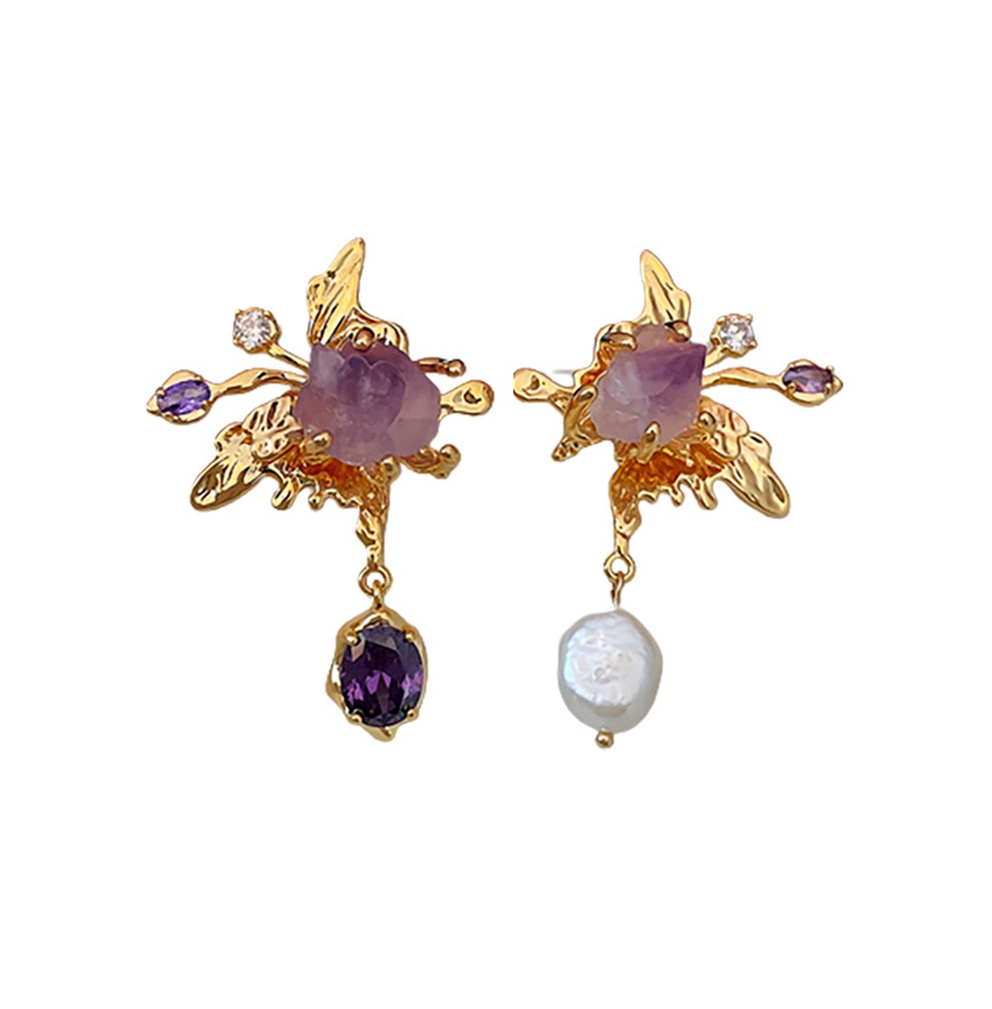 Cercei aurii cu ametist brut, perla naturala si cristale - bijuterii - cercei - cercei din pietre semiprețioase - Artynos.ro