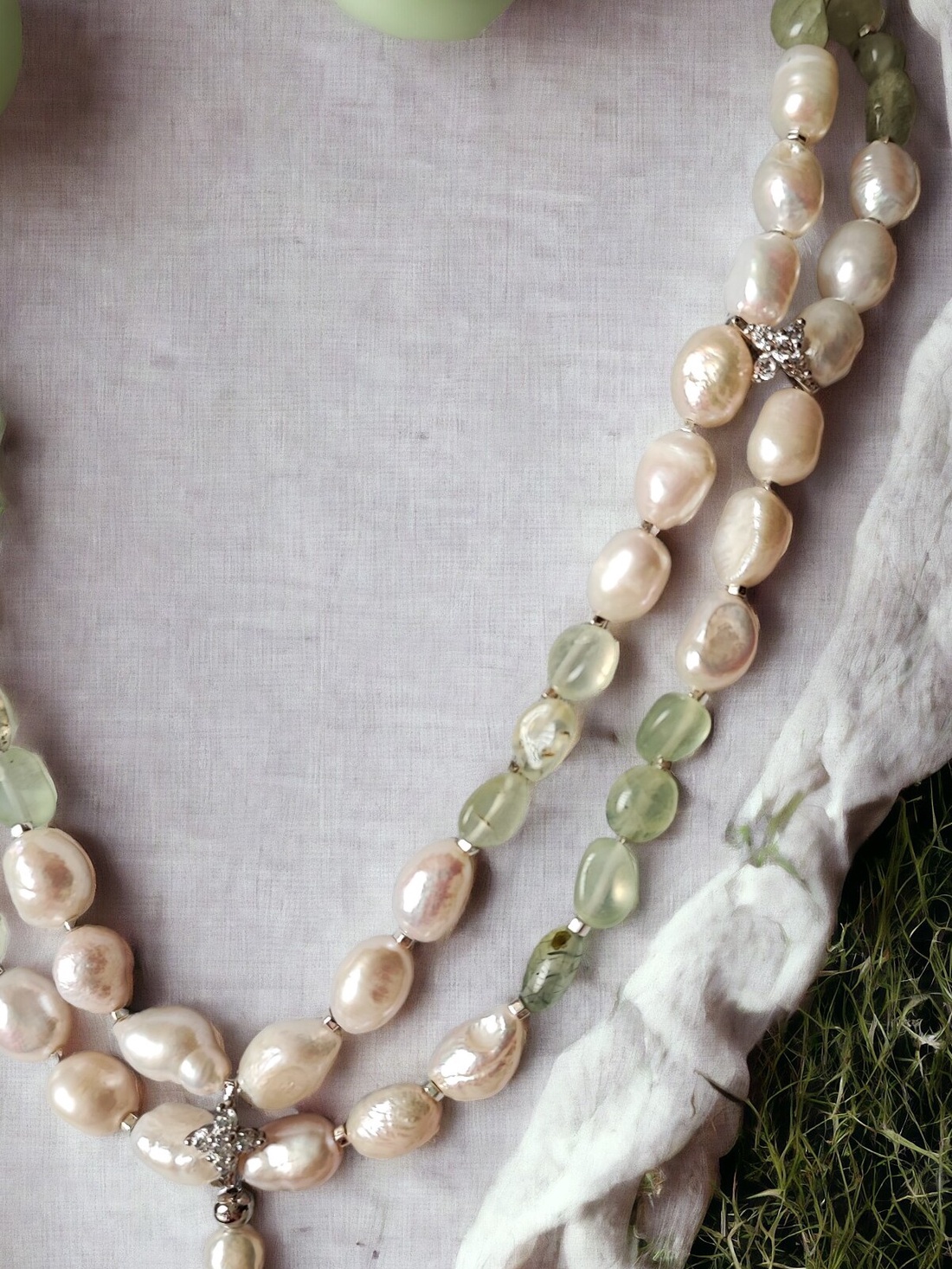 Colier unicat din perle, prehnit si cuart - bijuterii - coliere - coliere din perle - Artynos.ro