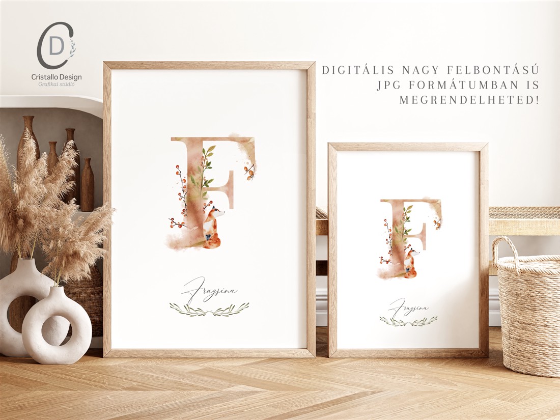 litera F, monogramă, imagine onomastică, decor, acuarelă artă de perete, personalizată, vulpe -  - Artynos.ro