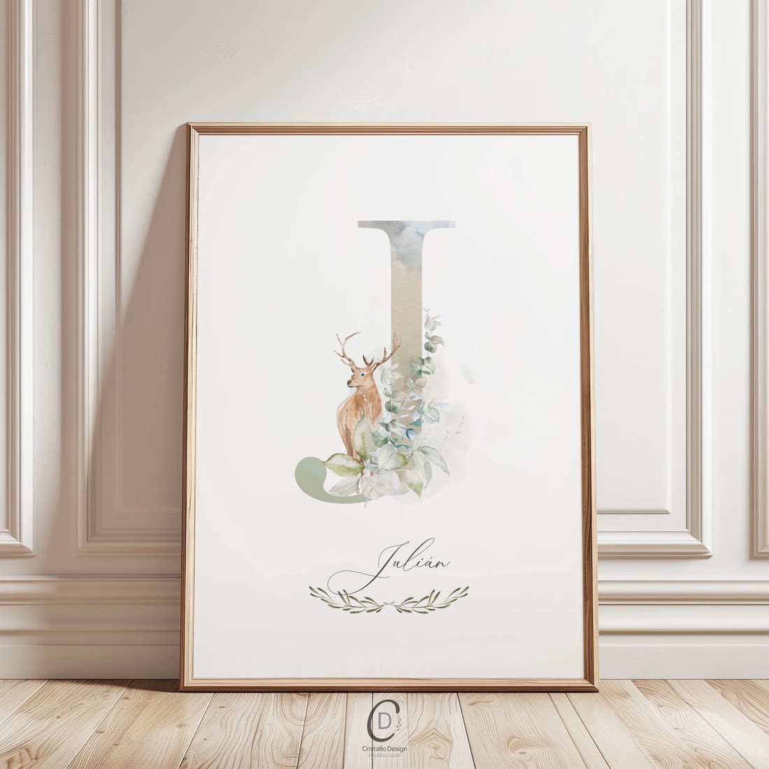 litera J, poster monogramă, imagine ziua numelui, decor, arta de perete verdeață, animal pădure -  - Artynos.ro