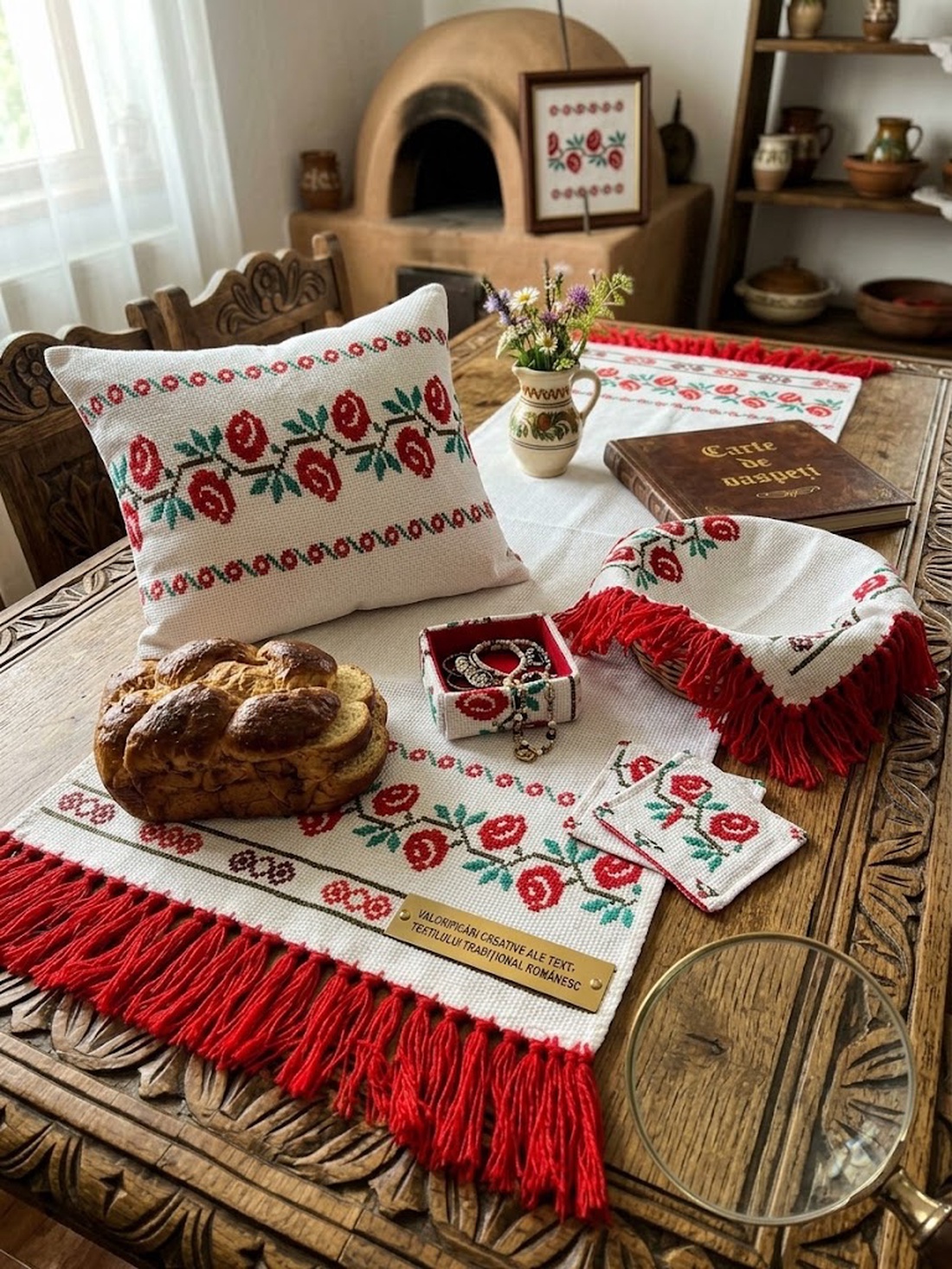 Stergar traditional romanesc brodat cu motive florale - casă & stil de viață - decorațiuni de casă - decorațiuni de masă și rafturi - fețe de masă croșetate - Artynos.ro