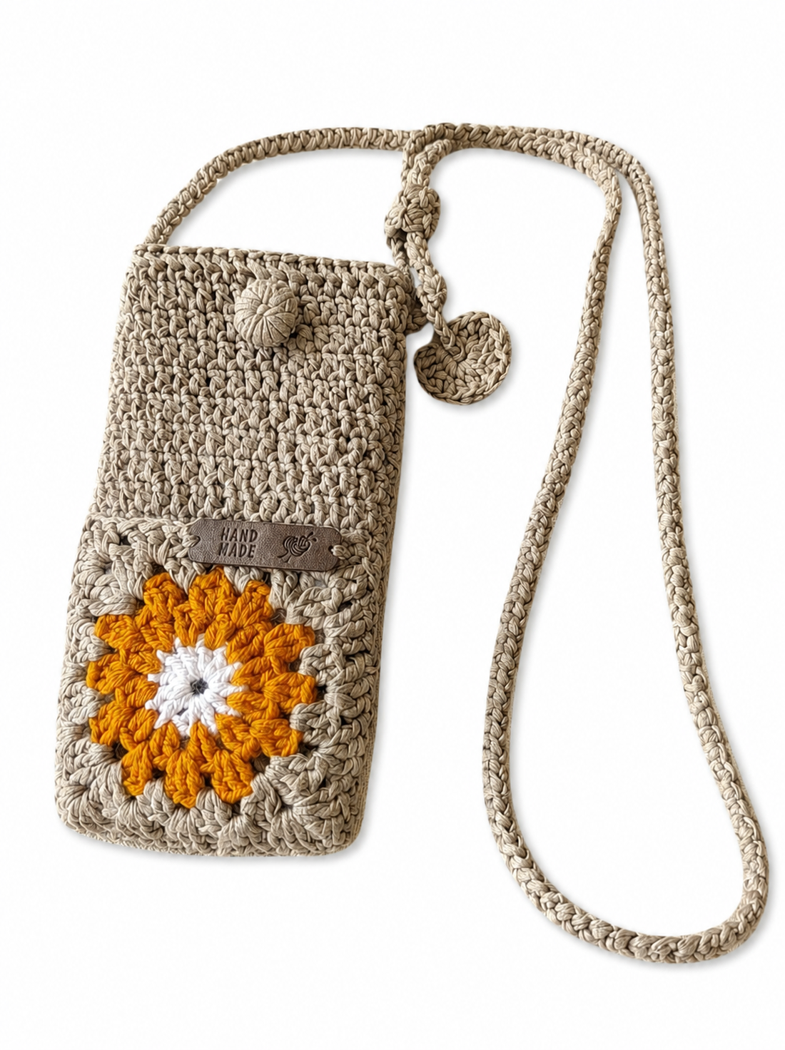 Geantă croșetată manual pentru telefon, cu floare decorativă, buzunar pentru accesorii, curea 120 cm, bumbac și acrilic, - genți și portofele - genți de mână și umăr - geantă crossbody - Artynos.ro