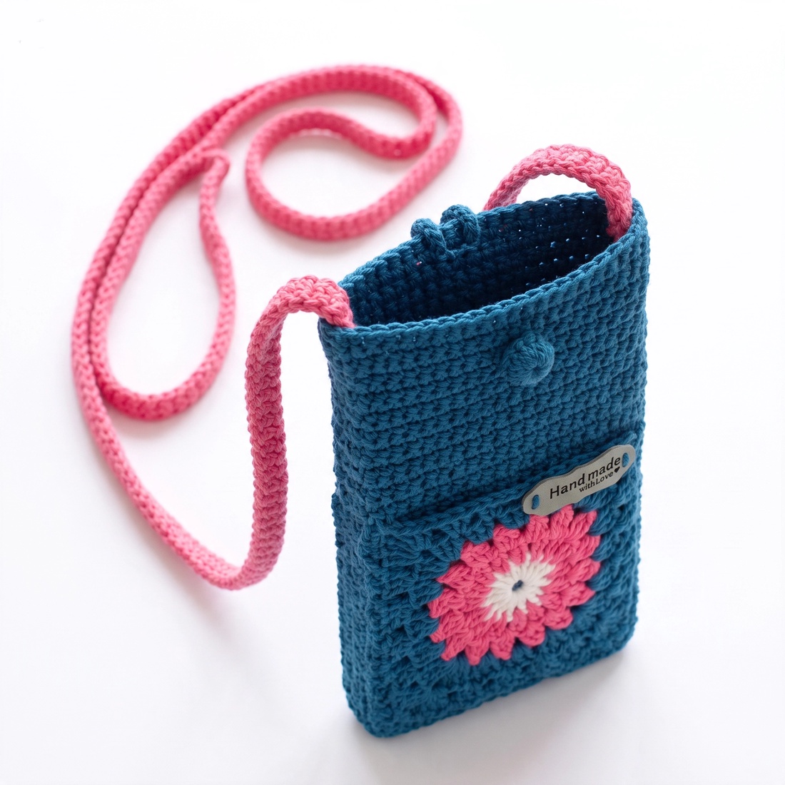 Geanta ,husă croșetată pentru telefon, geantă mini handmade cu bareta lungă, albastru petrol și roz - genți și portofele - portofele, huse, suporturi - husă telefon - Artynos.ro