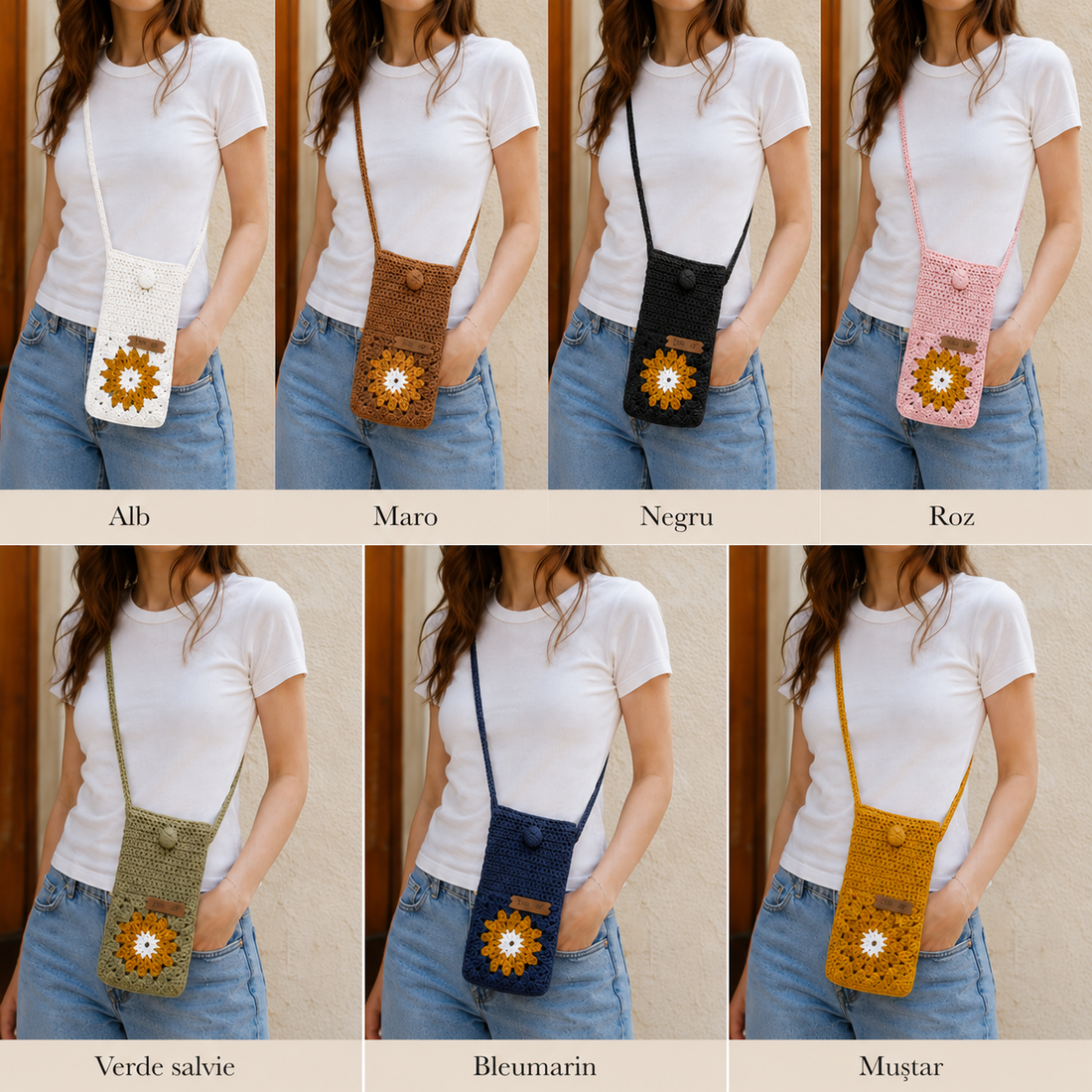 Geantă croșetată manual pentru telefon, cu floare decorativă, buzunar pentru accesorii, curea 120 cm, bumbac și acrilic, - genți și portofele - genți de mână și umăr - geantă crossbody - Artynos.ro
